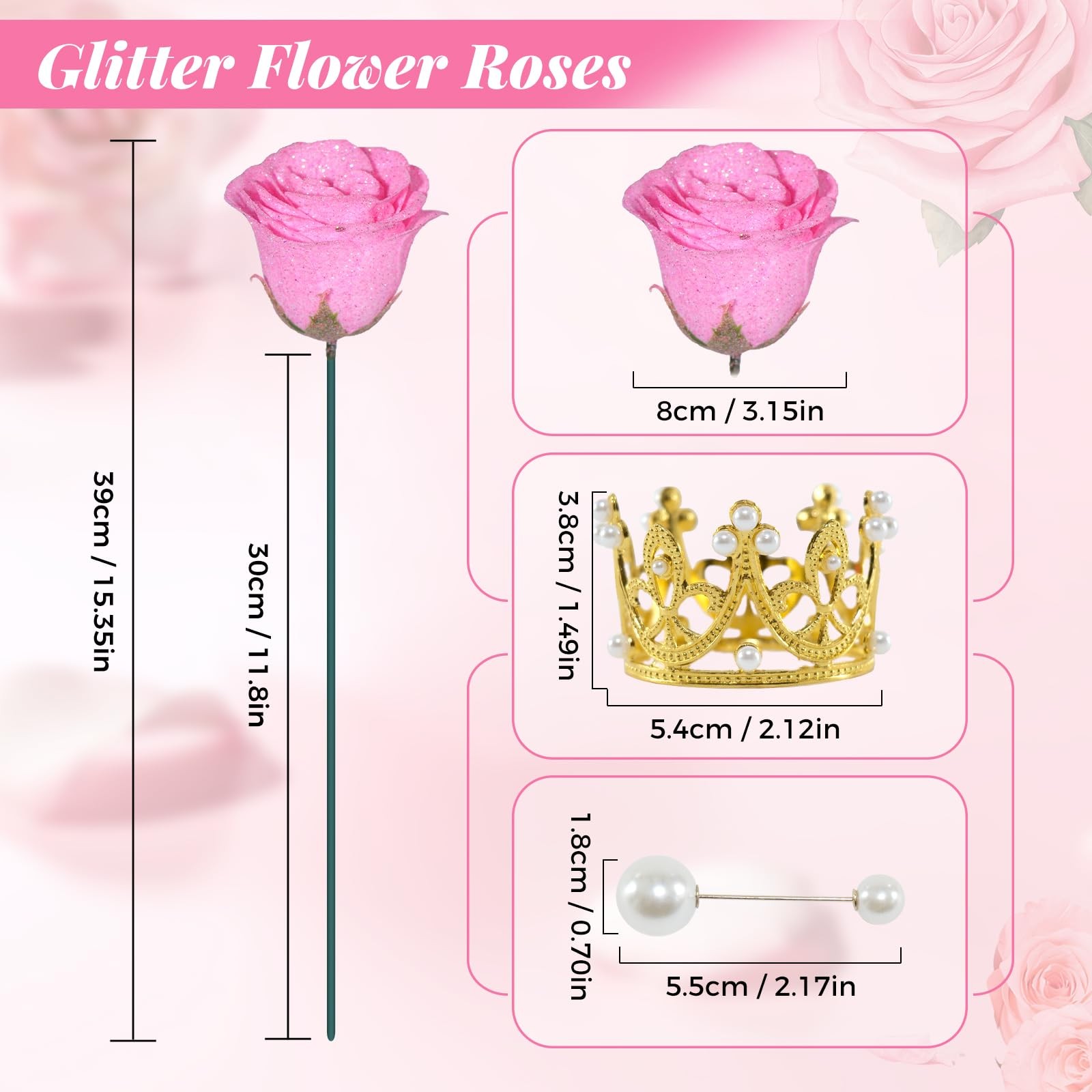 Pink Glitter Roses Bouquet, 24 Pcs Shiny Glitter Flowers Bouquet, Everlasting…