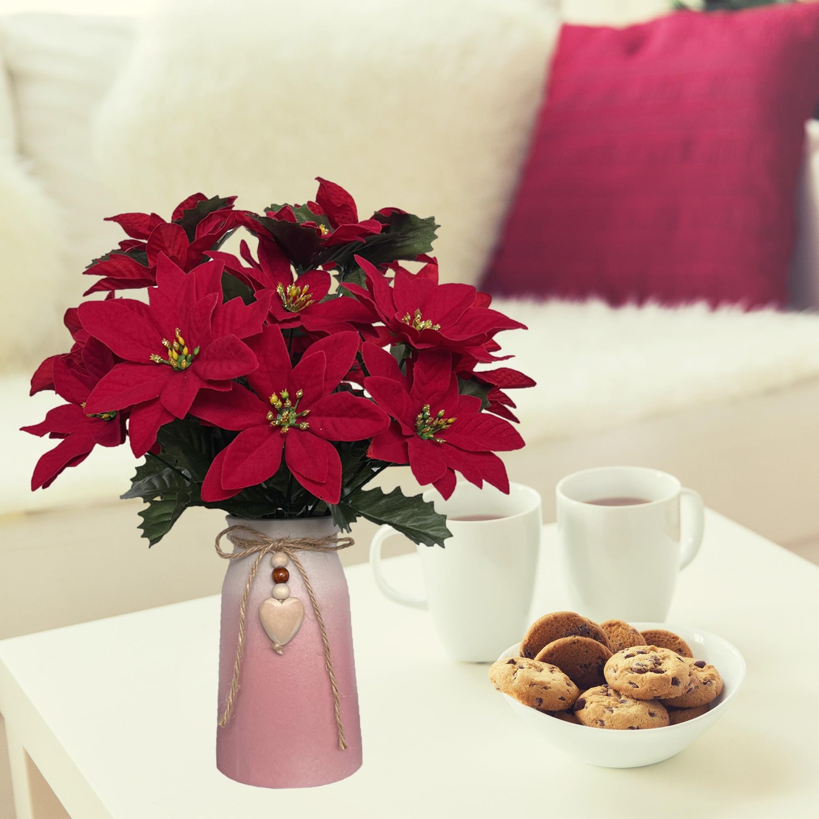 Red Artificial Poinsettia Faux Christmas Flower Arrangement Pink Vase Decor