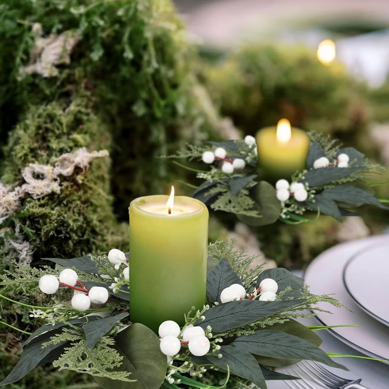 6 PCS 3 Inch Spring Summer Candle Rings Wreaths Mini Green Candle Rings Wreath