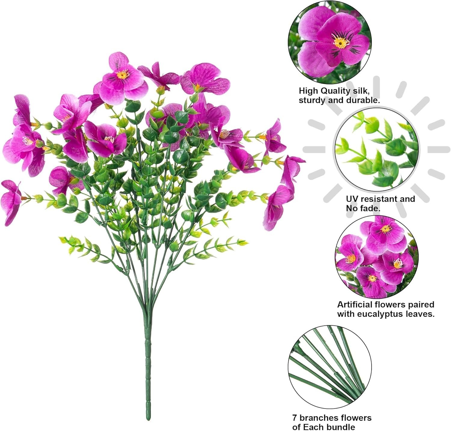 Artificial Pansy Flowers with Eucalyptus—Perfect for Gardens & Porches, 12 Count