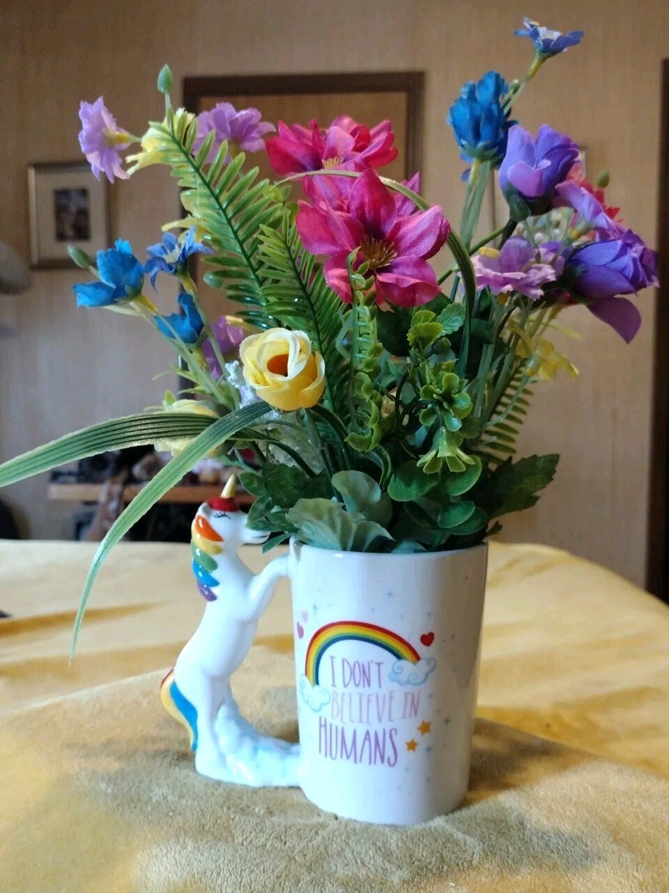 “I Don’t Believe In Humans” Rainbow Unicorn Mug Artificial Flower Arrangement
