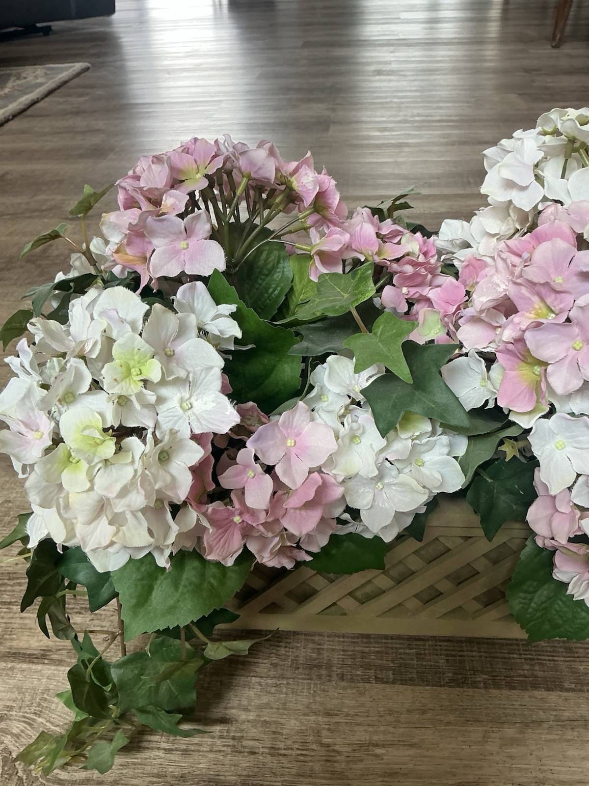 Hydrangea Faux Flower Arrangement Pink White In Planter Box 14x5x6