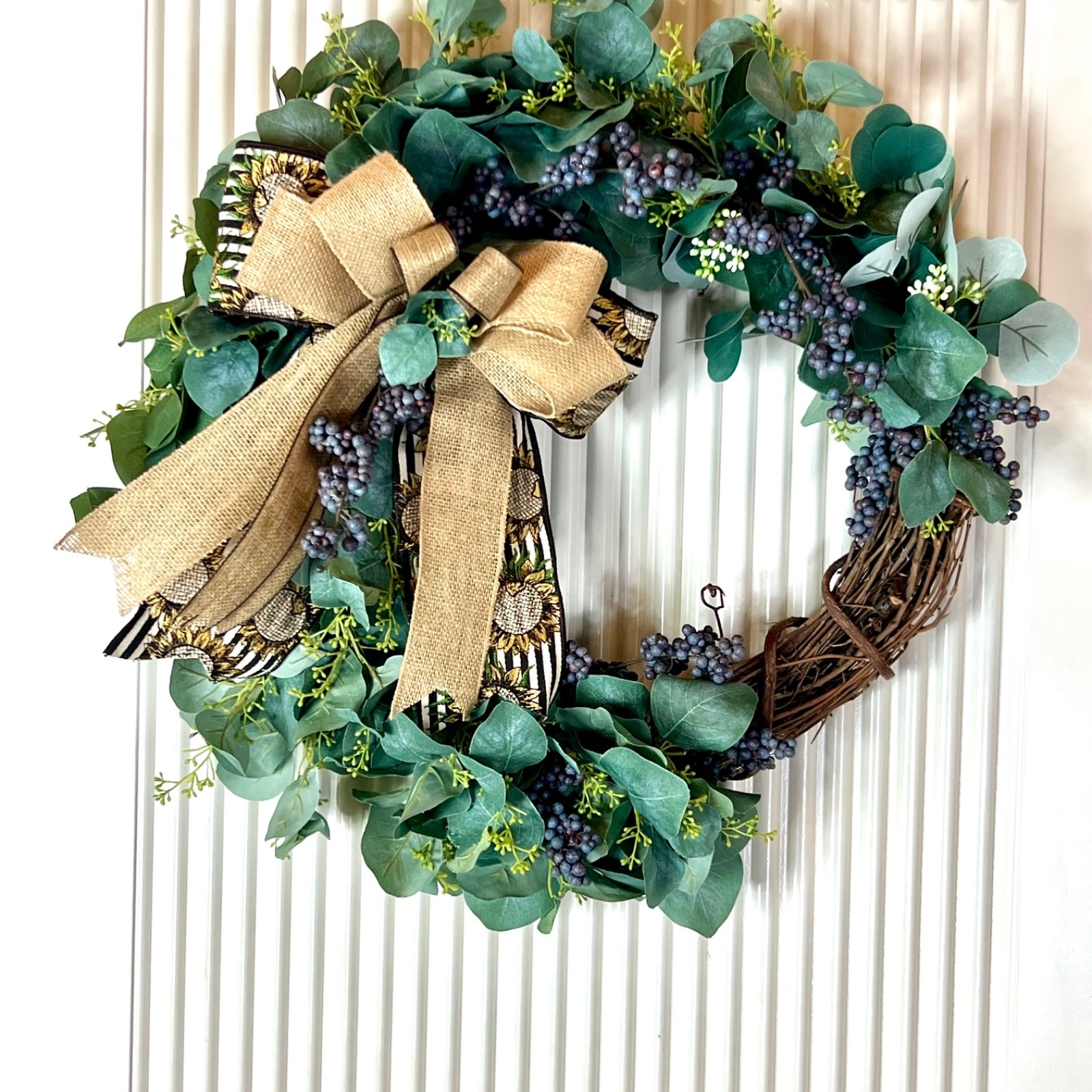 Everyday Farmhouse Silver Dollar Eucalyptus Wreath with Berries Handcrafted Home