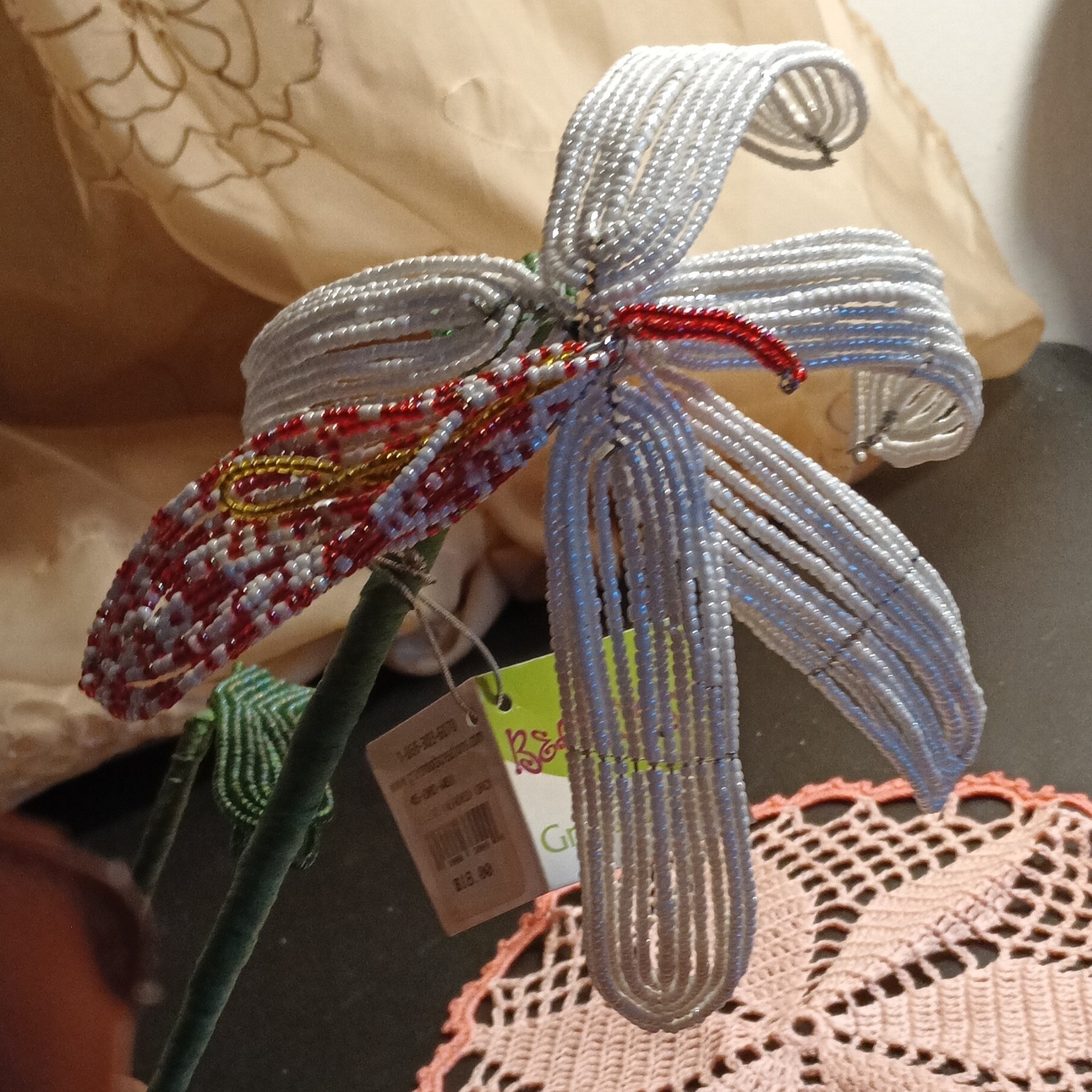 Beaded Artificial Lily Flower Stem Twig & Stem White/Red/Green Floral Stem
