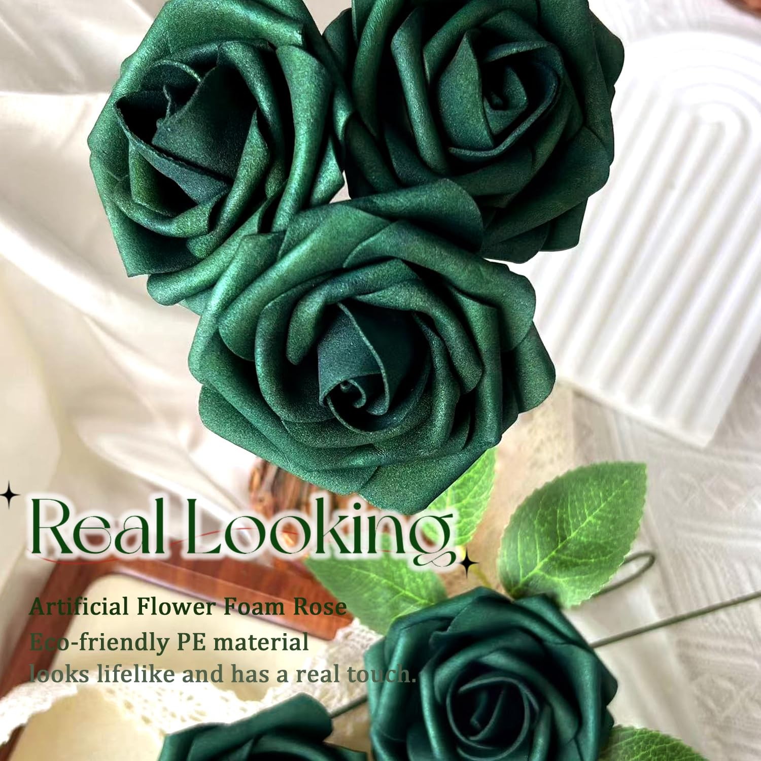 50pcs Emerald Green Artificial Flowers Foam Fake Dark Hunt Green Rose with St…