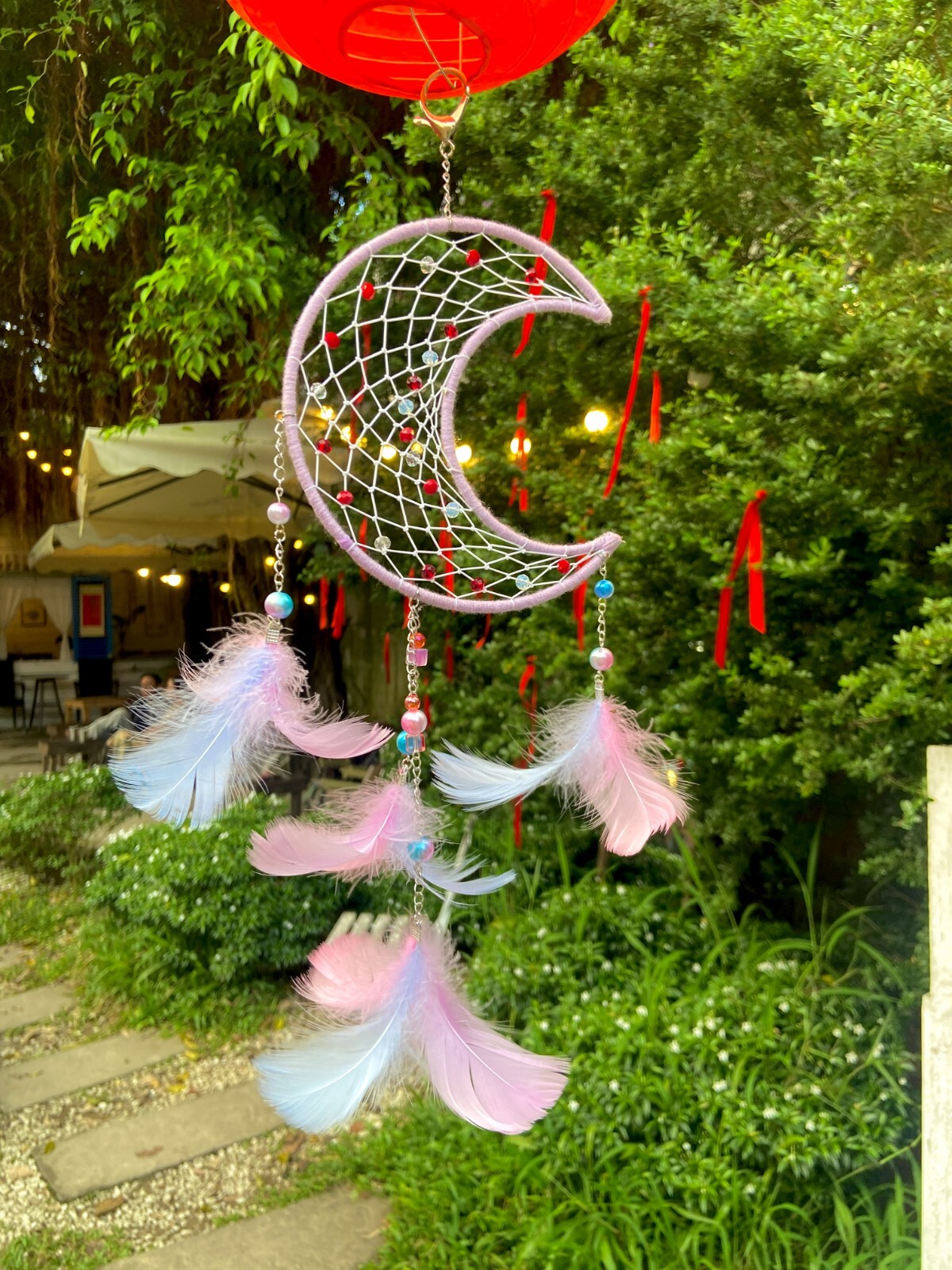 Mystical Pink Moon Dream Catcher with Tree Motifs and Delicate Stone Details