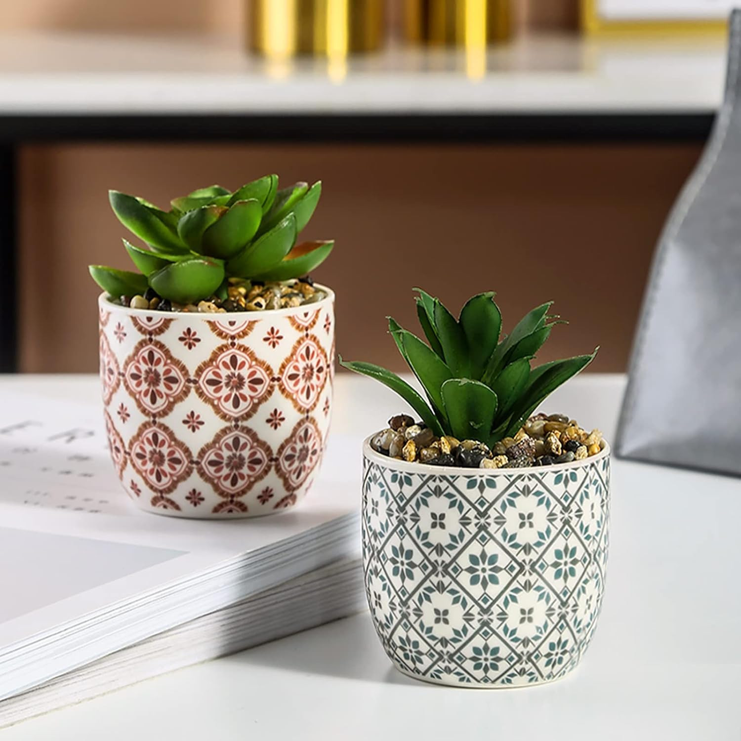 Artificial Plants Succulent Flowers in Ceramic Planter 2 Pack Small Fake Plants