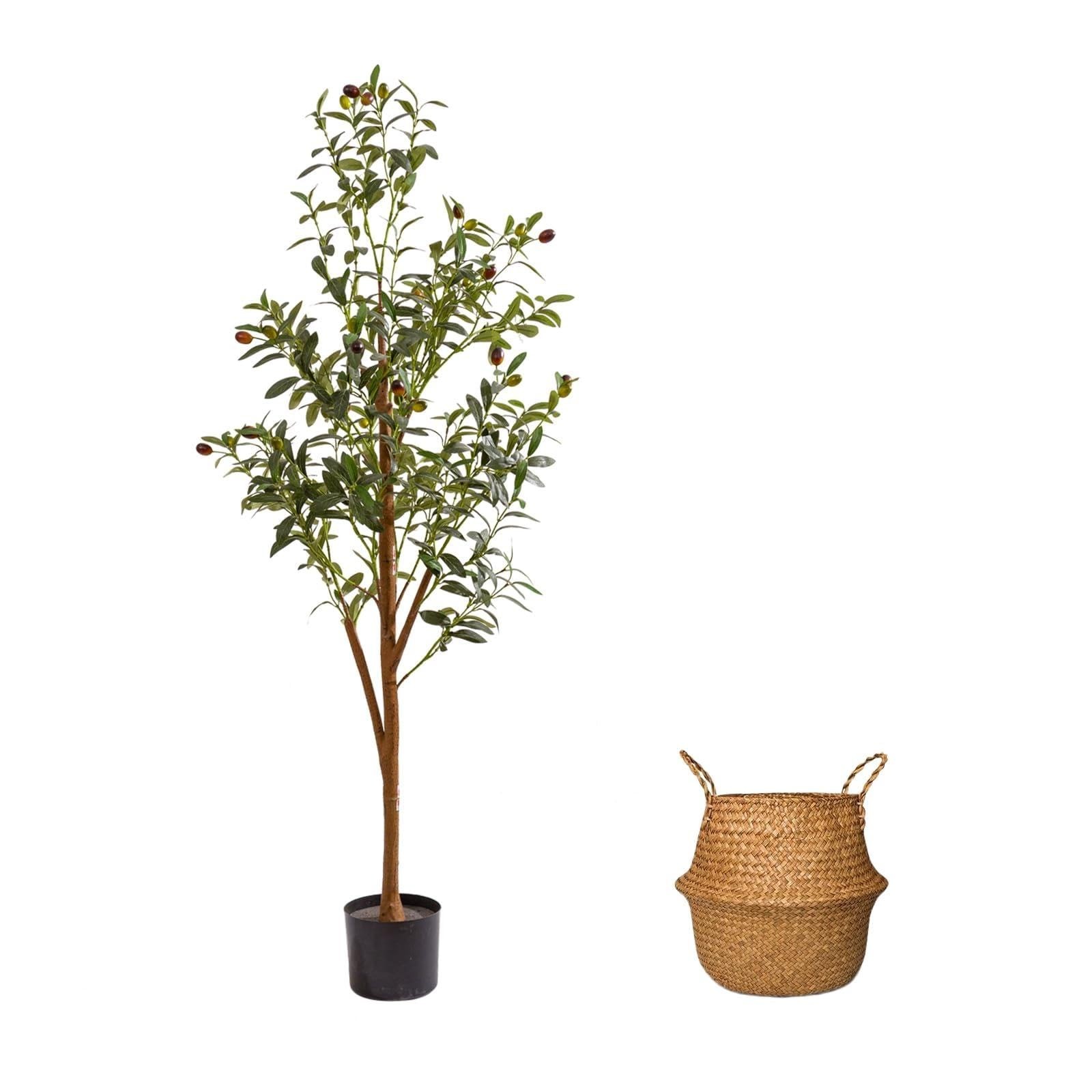 4FT Faux Olive Tree with Pot & Basket – Realistic Silk Leaves & Fruits for Home