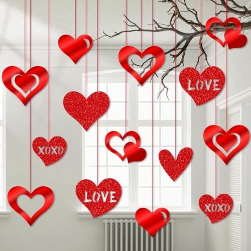 16 Pack Valentines Hanging Decorations-Valentine Heart Decor, Glitter