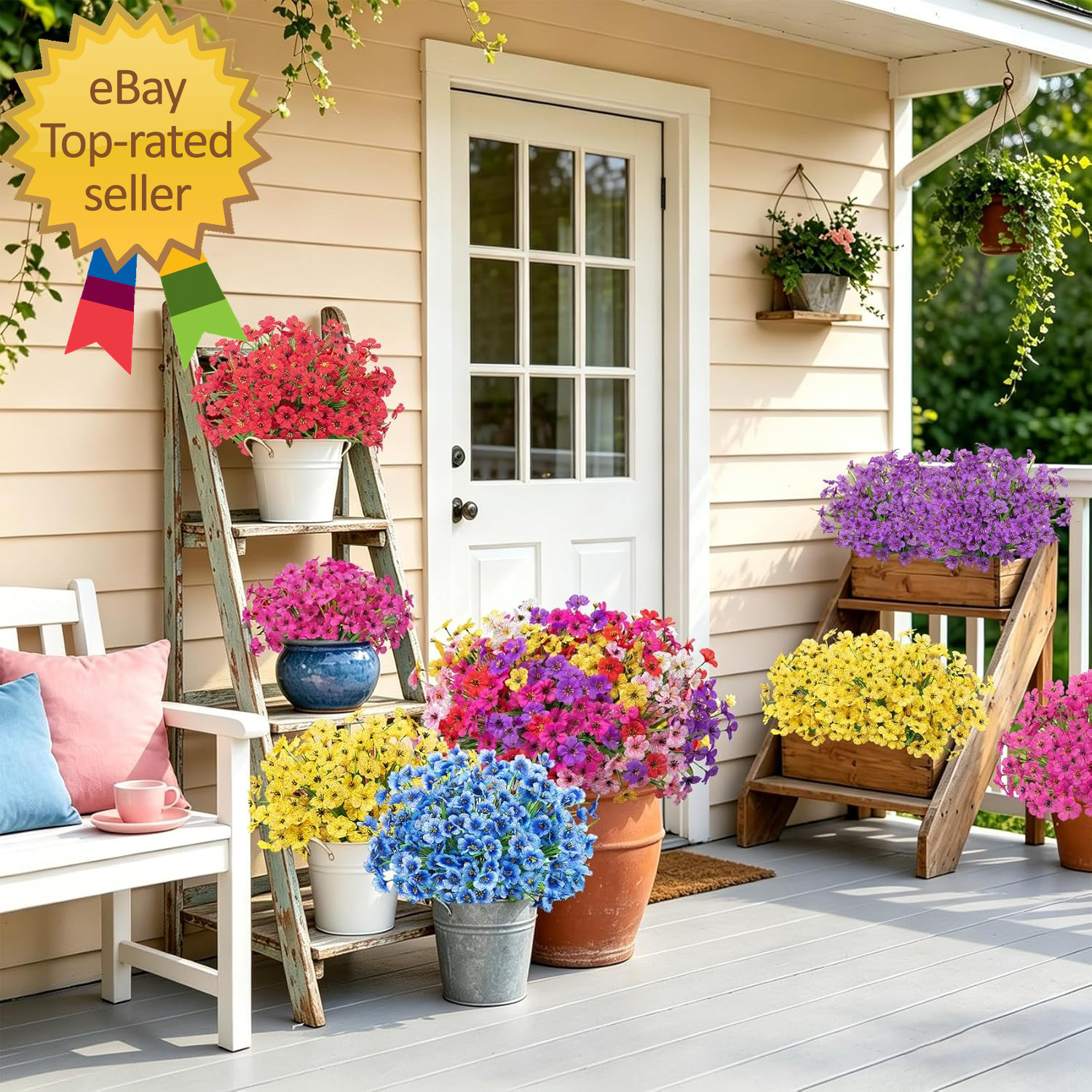 24 Bundles Artificial Flowers for Outdoors UV Resistant Silk Fake Flowers Faux P