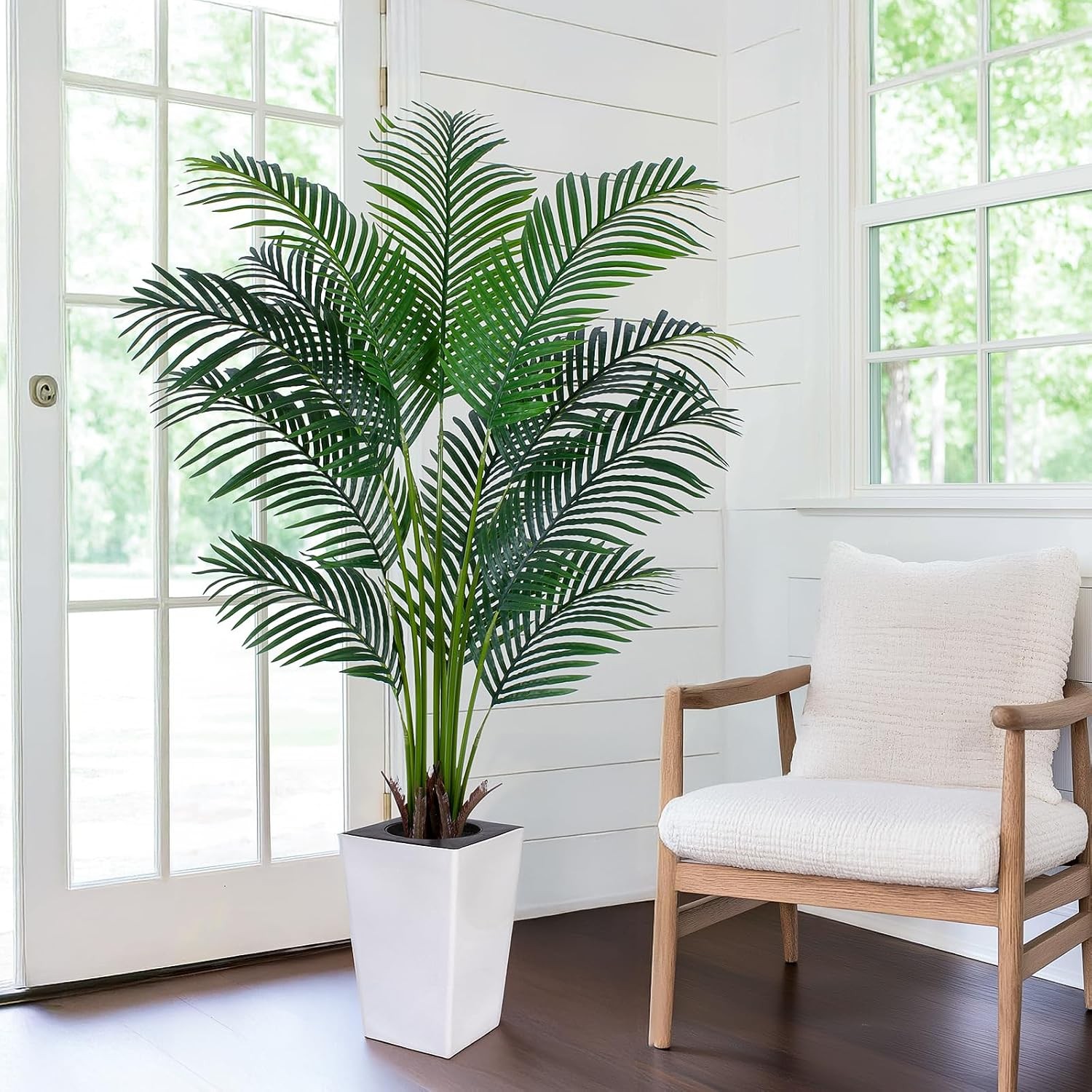 Artificial Palm Tree with White Tall Planter, 5Ft Tall Potted Artificial Silk Pa