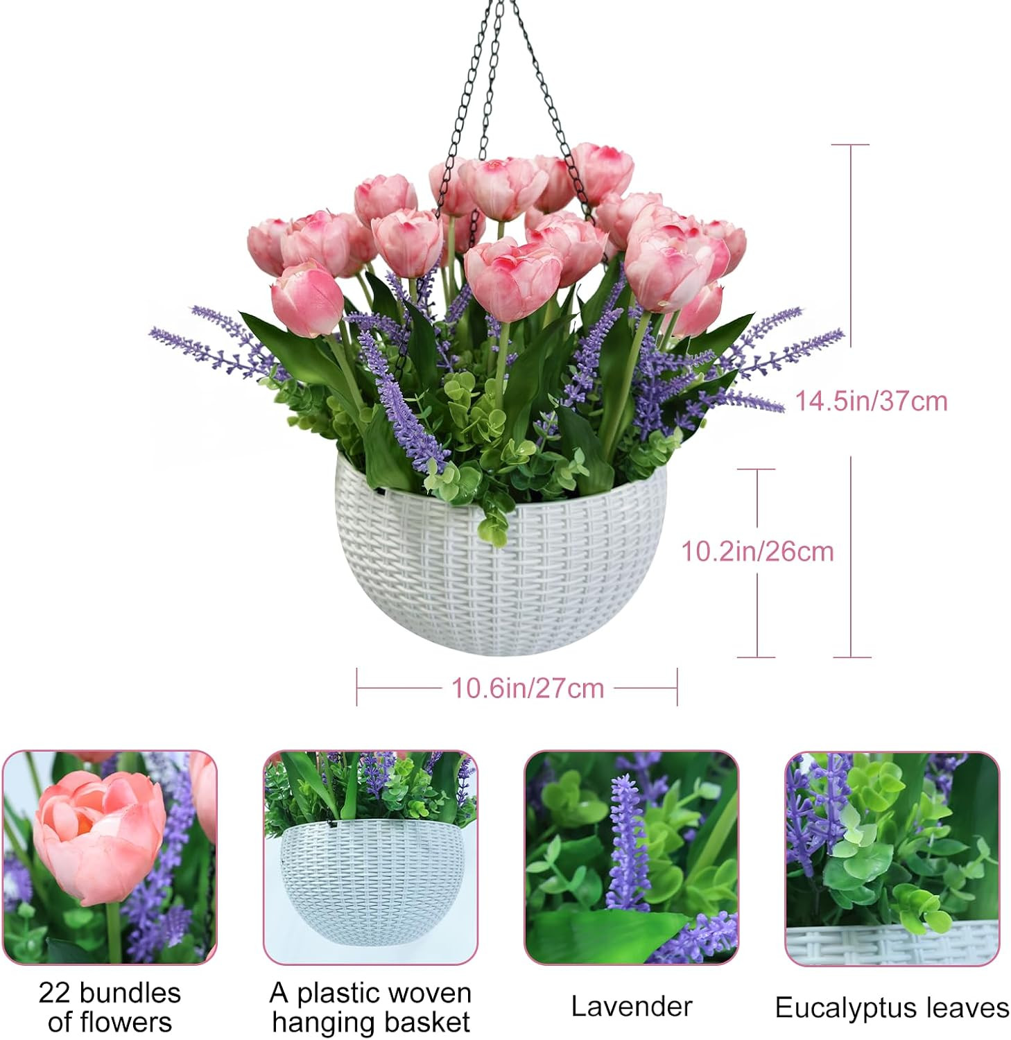 Artificial Tulips Flowers Hanging Basket for Indoor Outdoor, Realistic Pink Fake