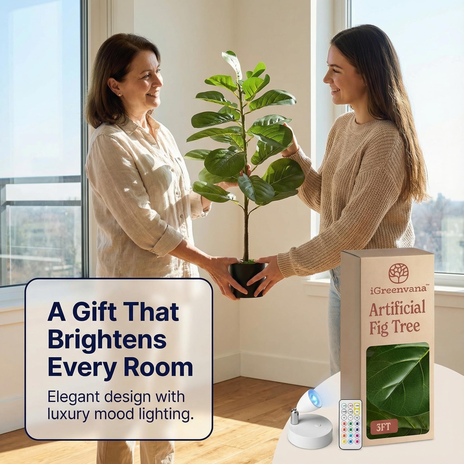 Artificial Fiddle Leaf Fig Tree 3ft (36 Inch) Tall – with Remote LED Spotligh…