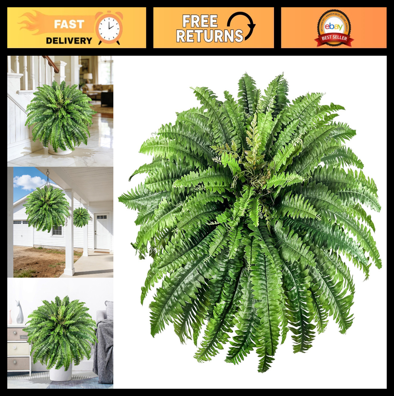 Large Artificial Ferns – 98 Fronds Realistic Faux Greenery for Home & Garden Dec