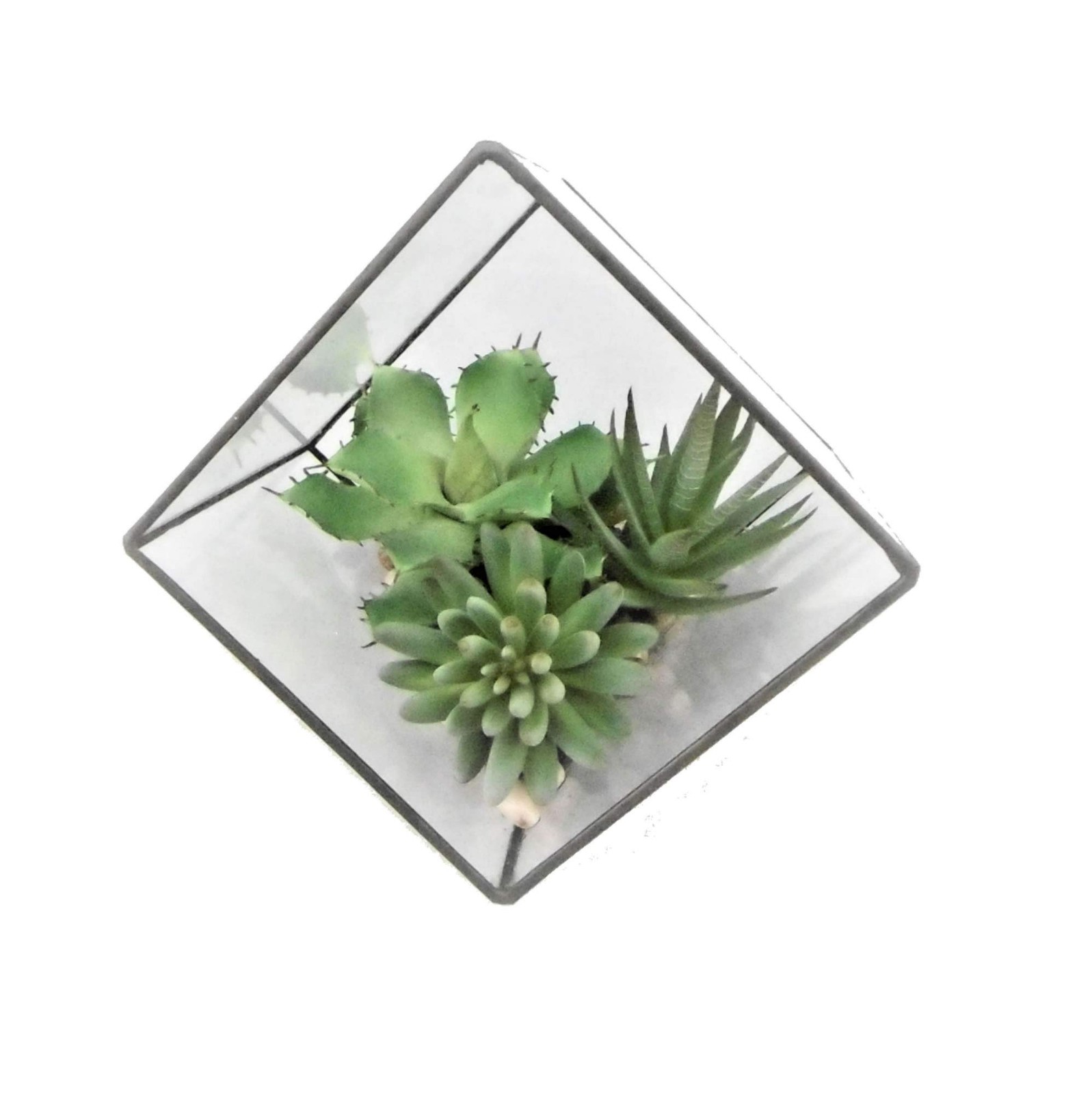 Vickerman 7.5″ Plastic Artificial Succulents with Geometric Terrarium in Green