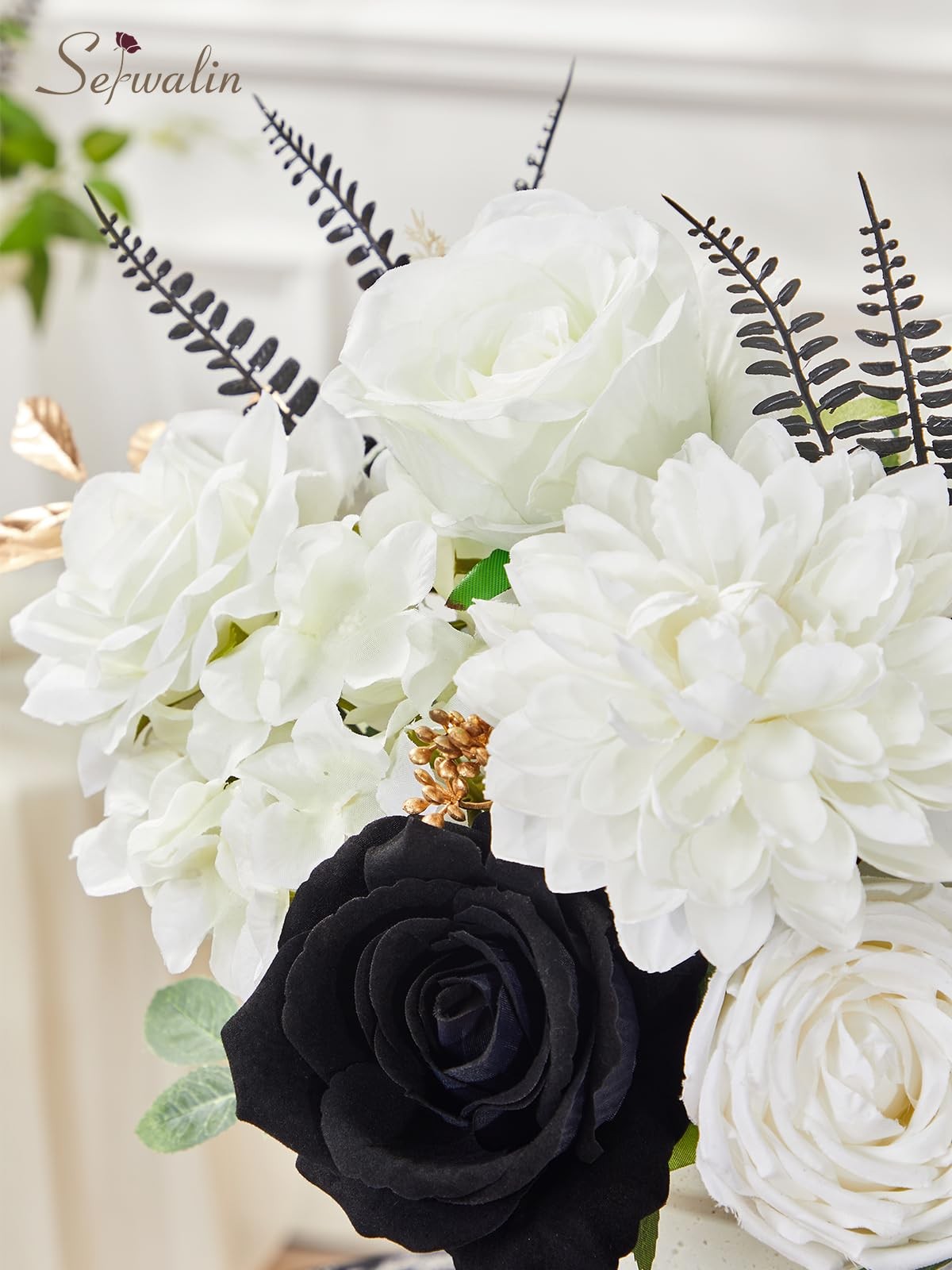 Black Artificial Flowers, White Roses Silk Fake Flowers for DIY Wedding Brida…