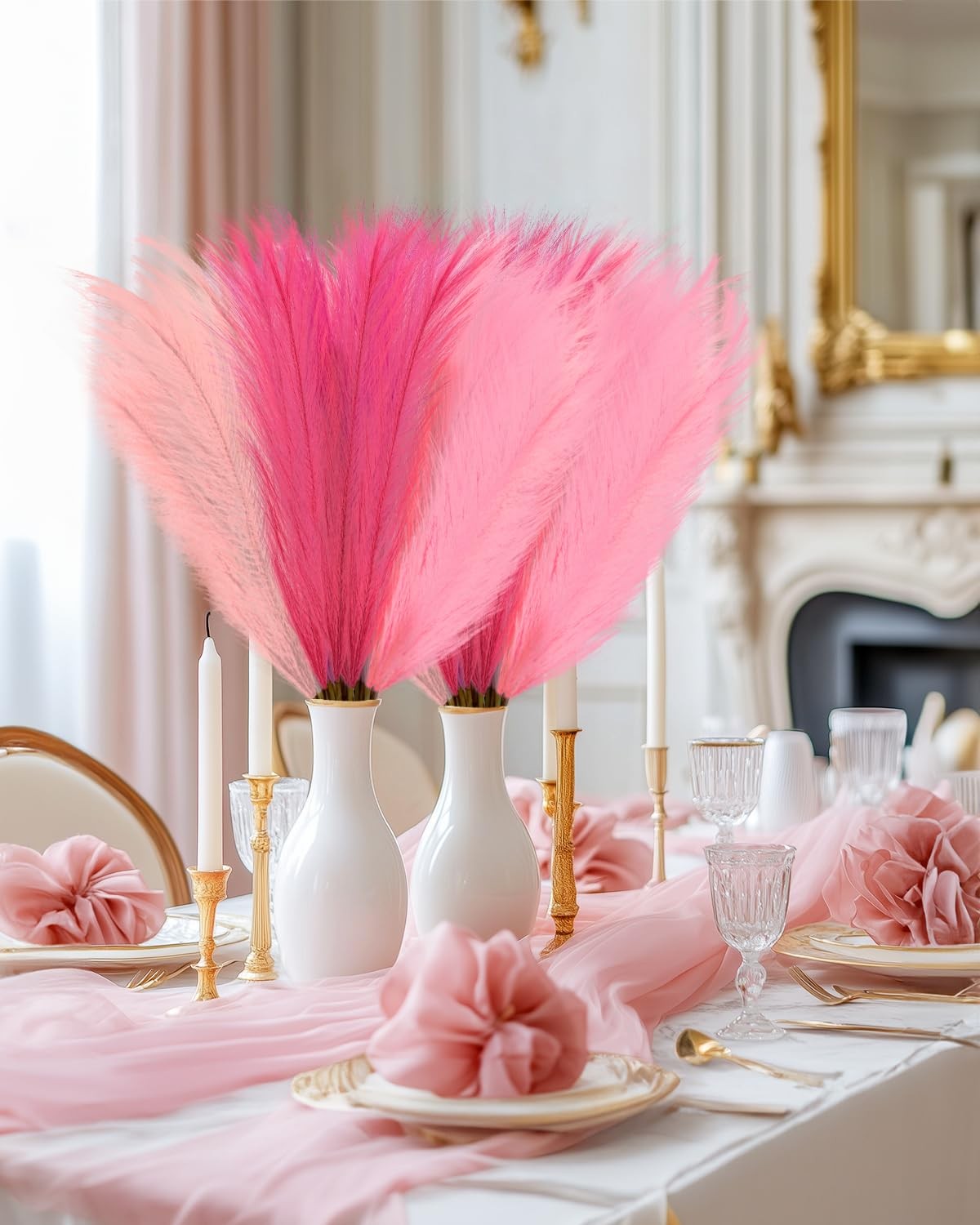 48pcs Pink Faux Pampas Grass Decor, 21.7inch Hot Pink Short Artificial Pompou…