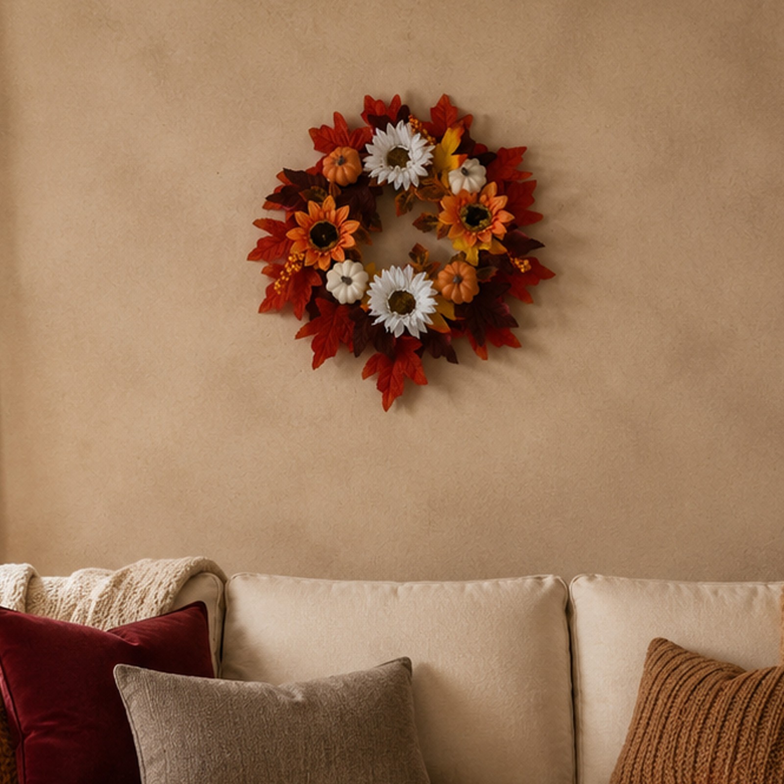 Artificial Autumn Wreath 17.72in/45cm for Thanksgiving Halloween Indoor Outdoor