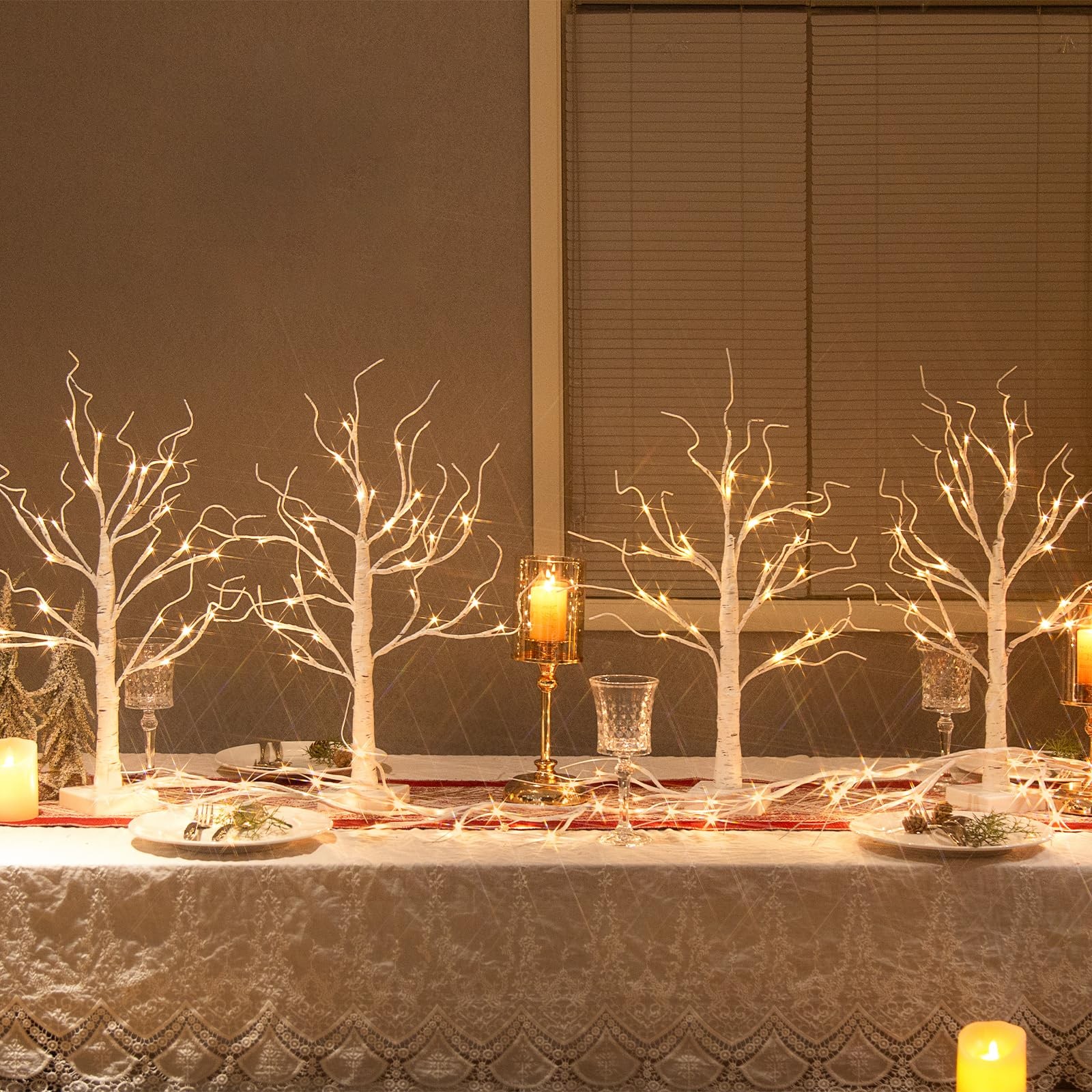 Christmas Tree Decorations, White Birch Tree with LED Lights- Set of 4, Warm Whi