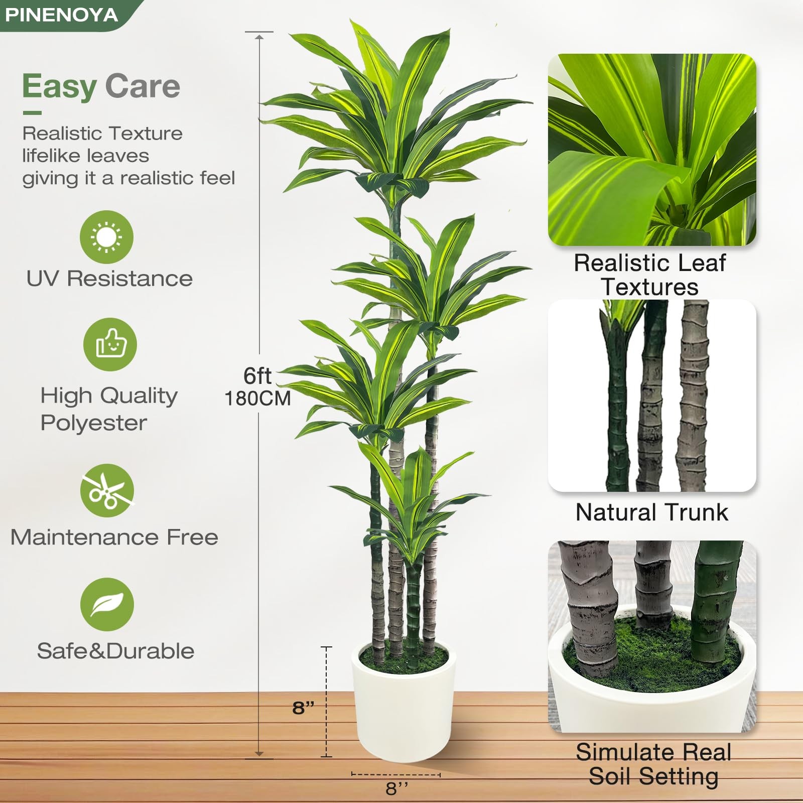 Artificial Dracaena Tree 6ft, Tall Fake Dracaena Plants with White Planter, F…