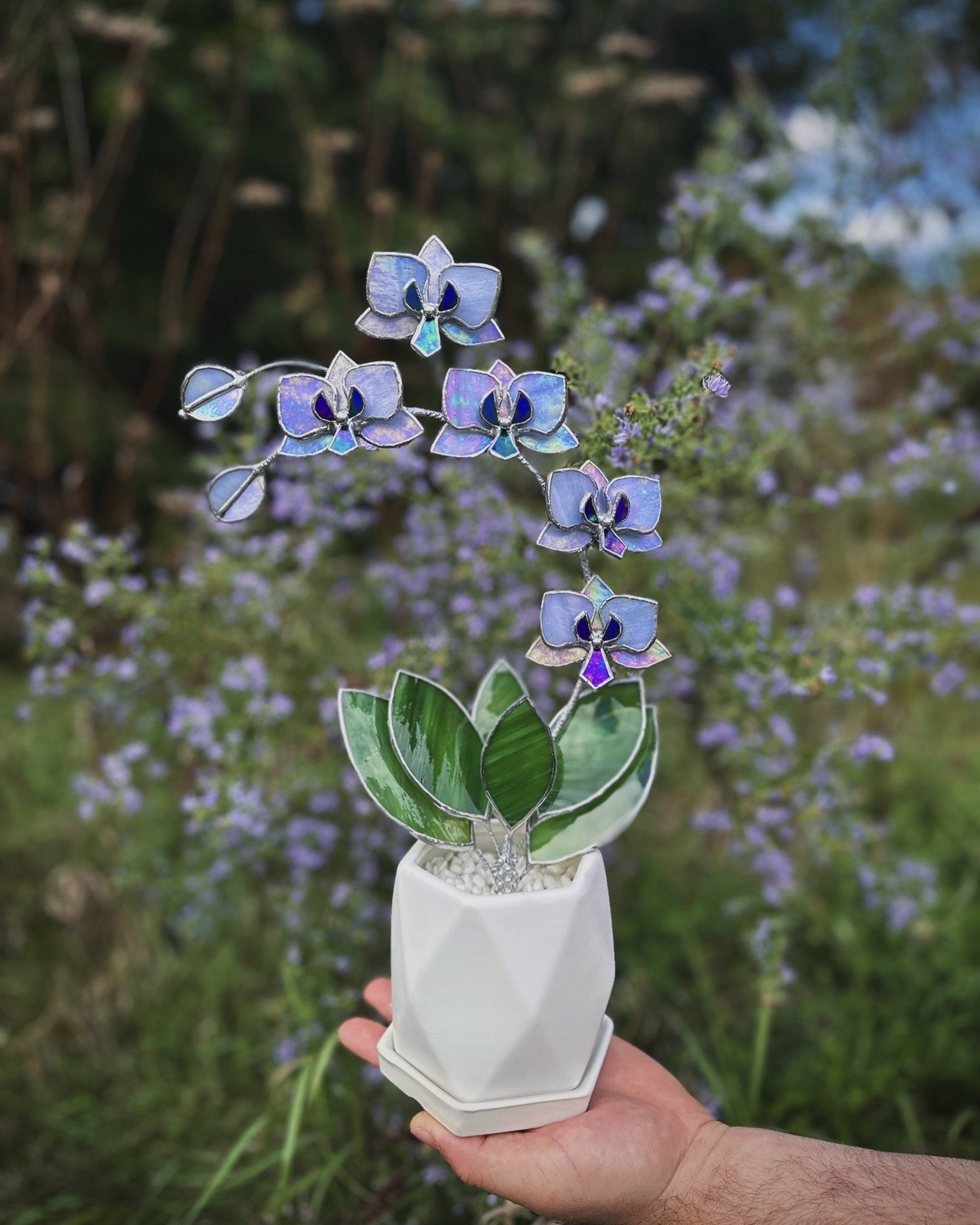 Stained Glass 3D Orchid Lavender irid, 5 Flowers In A Pot, Table Decor