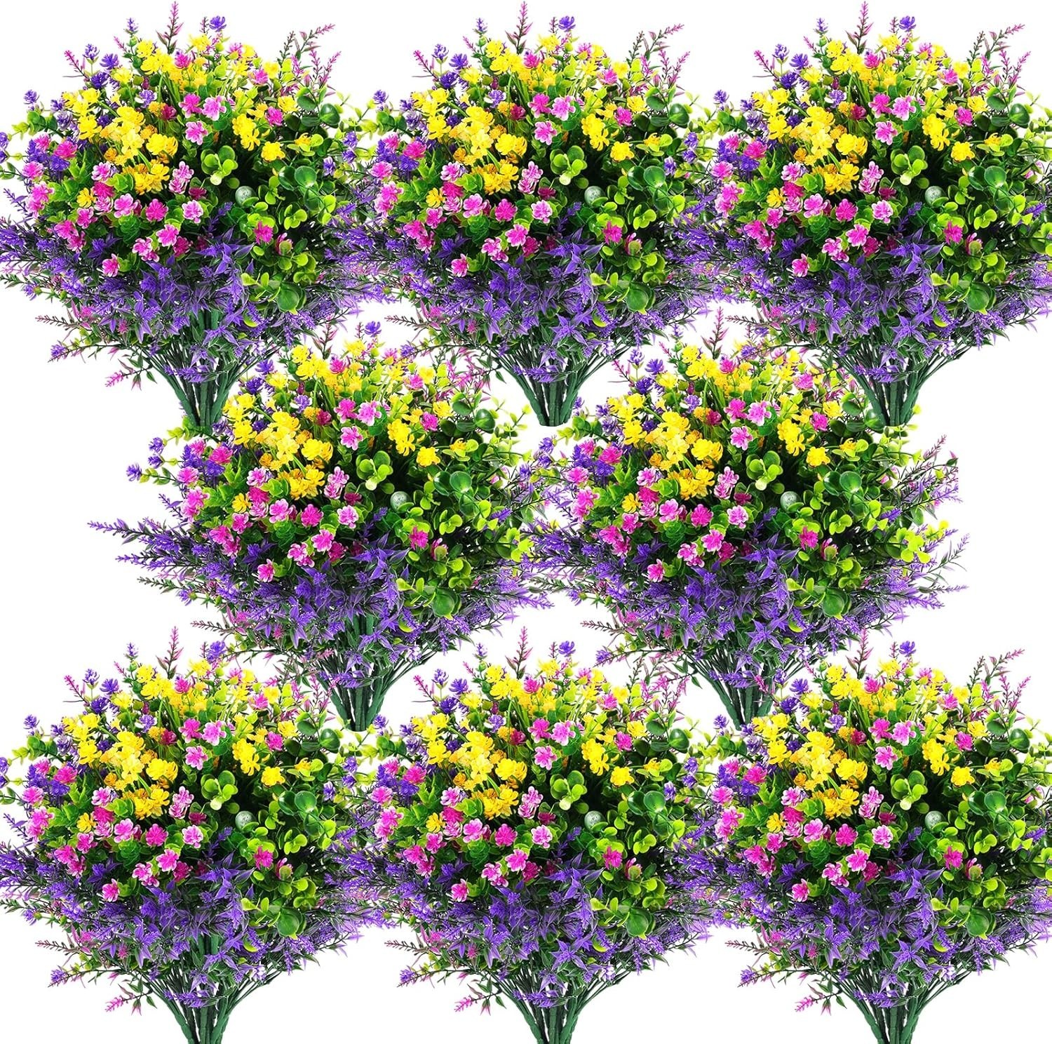 24 Pcs UV Resistant Artificial Outdoor Flowers – Fuchsia, Purple, Yellow, Green