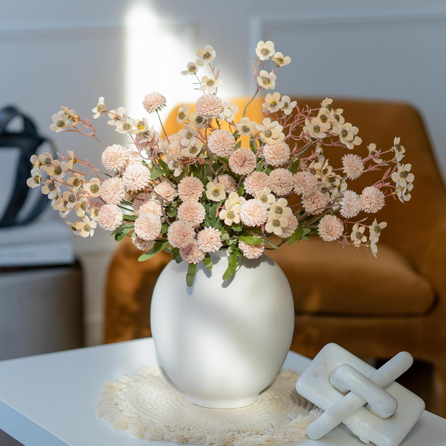 Faux Silk Pompon Mums Artificial Flowers for Vase Kiku Stems & Eucalyptus Floral