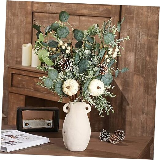6 Pcs 23.62 Inch Large Fall White Pumpkin Stems Artificial Eucalyptus Leaves