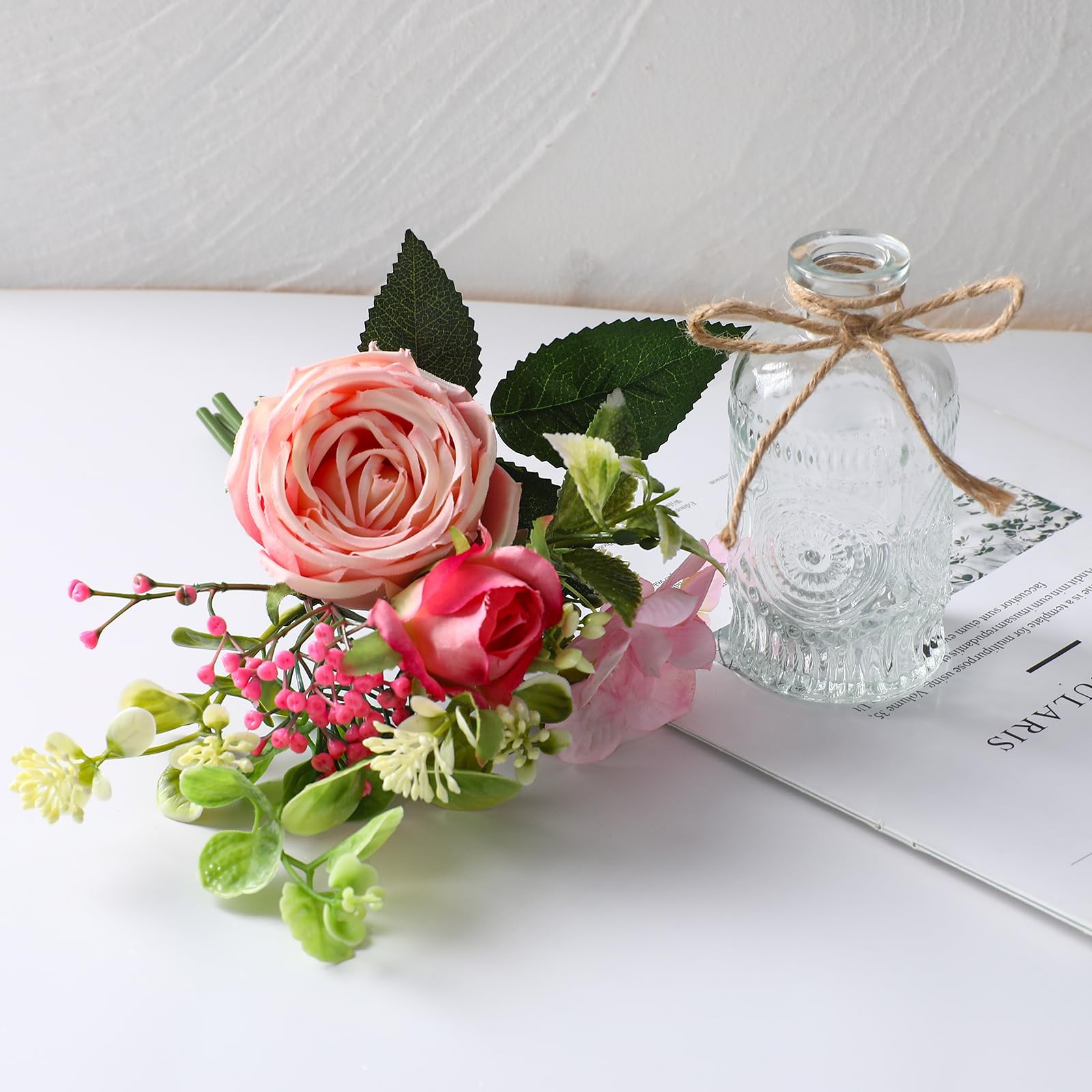 Flowers Bouquet in Small Vase – Pink Rose Artificial Fake Centerpiece Potted …