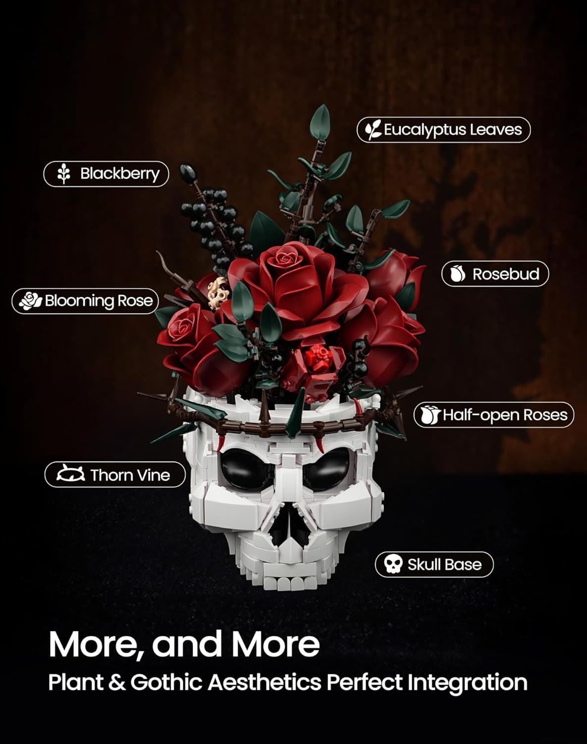 Skull Roses Flower Bouquet Building Set, Botanical Collection Kit for Adult Wome