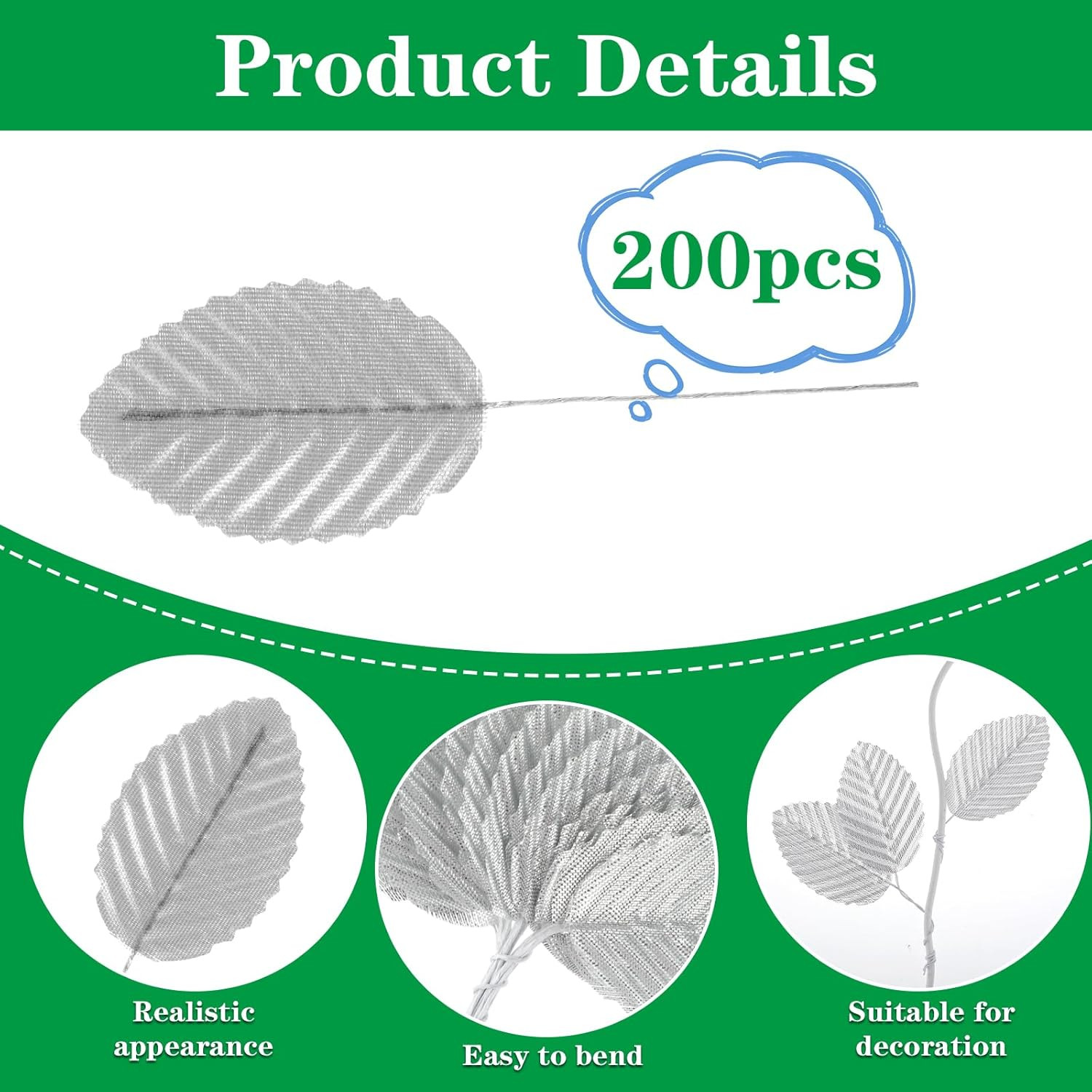 200 Pcs Silver Leaves for Crafts – Artificial Silk Faux Wired Single Leaf Wire C