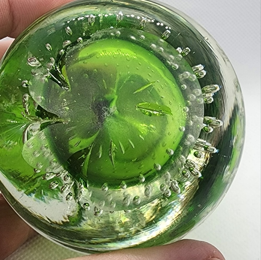 Glass Paperweight Pear Shape Green & Clear Glass with Air Bubbles