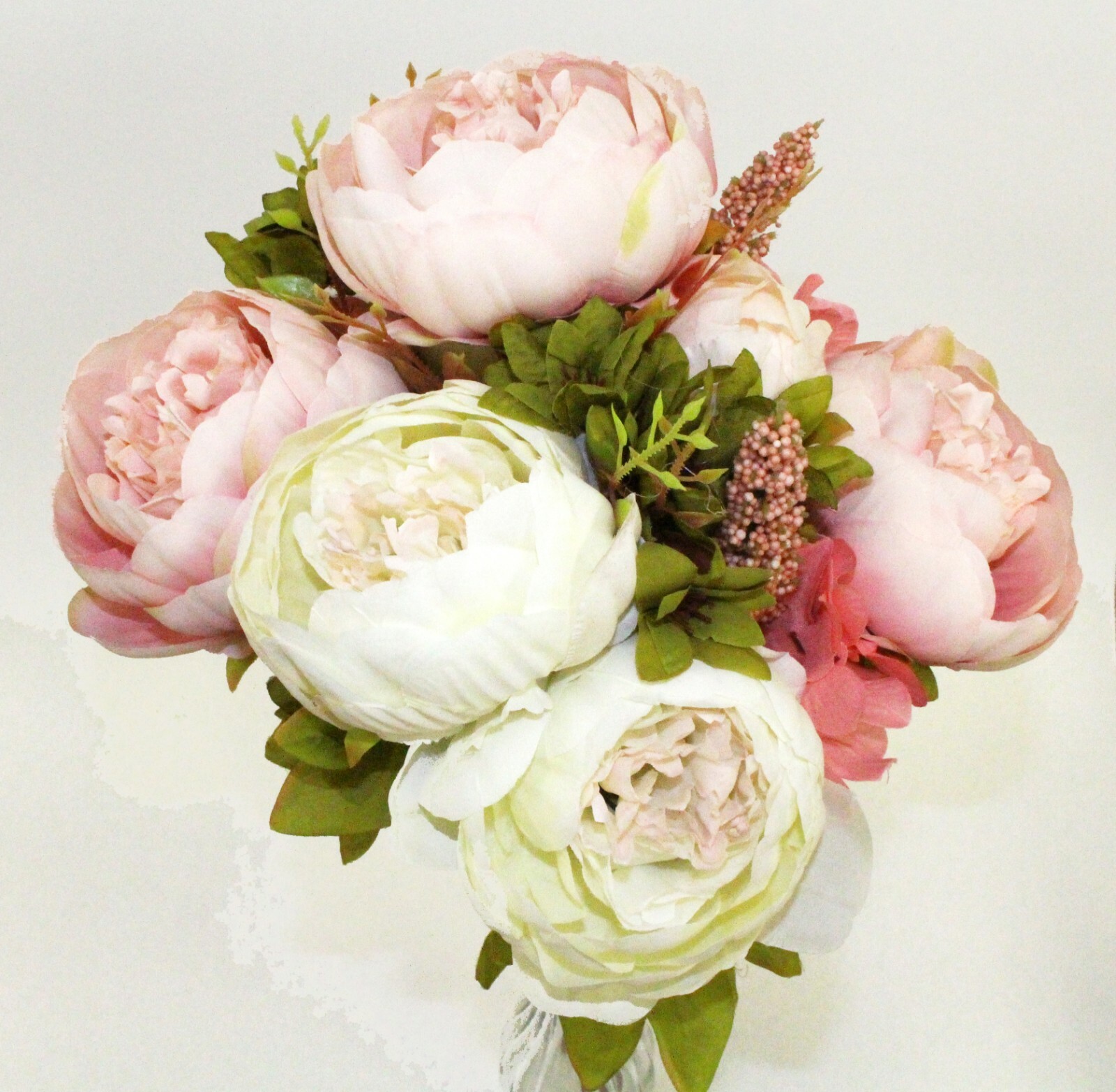 Cream Blush Color 8 Head Silk Rose Peony Open Bush Artificial Bouquet Wedding