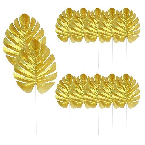 12 Pcs Artificial Gold Palm Leaves Tropical Party Leaves Table Wall Decoration