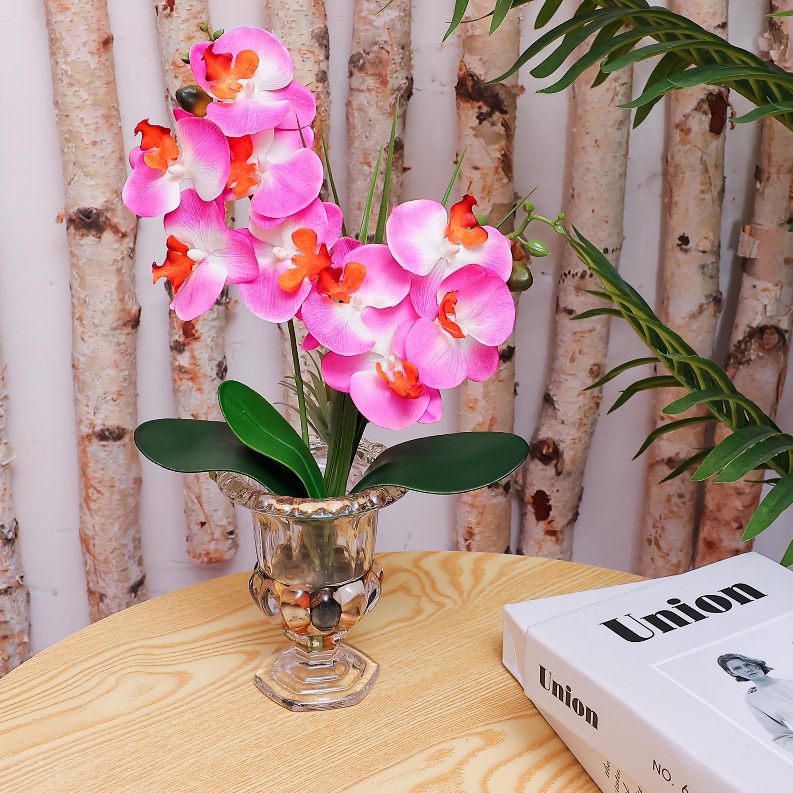 Artificial Purple Orchid Centerpiece, 14.5 Inch Phalaenopsis in Glass Vase wi…