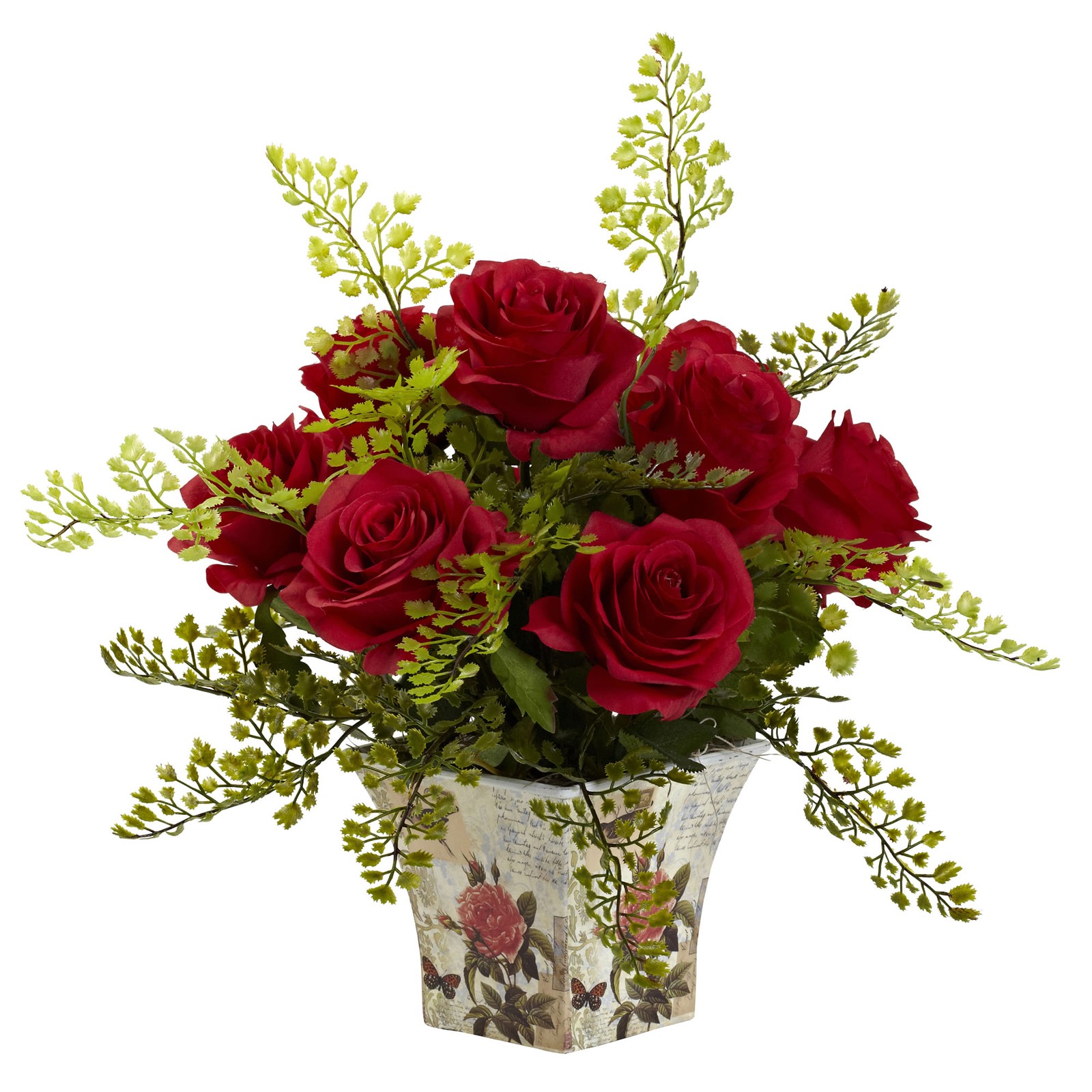 Rose and Maiden Hair Arrangement Floral Planter 13 Inch Height Elegant Decor