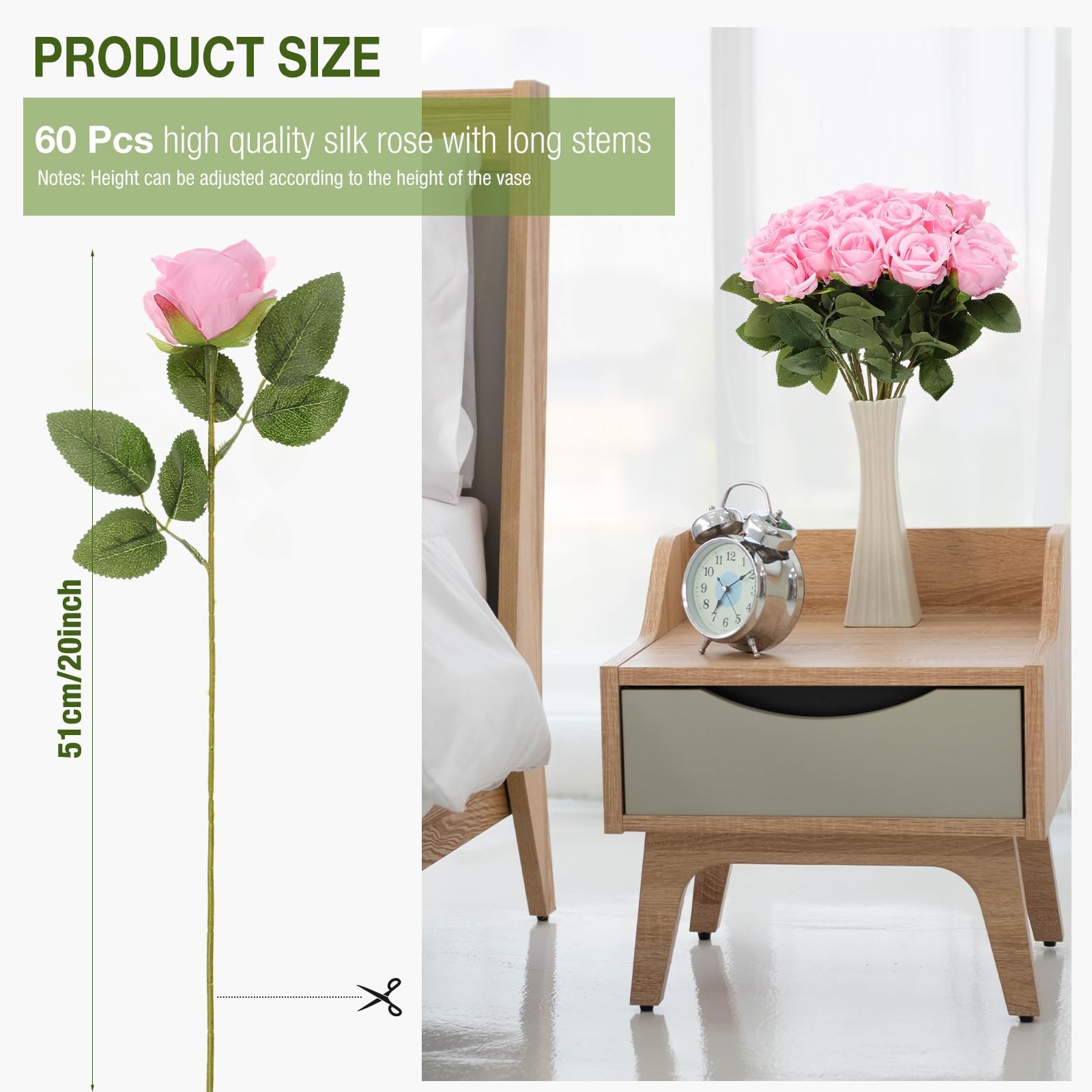 60 PCS Artificial Roses Bulk Silk Flowers with Long Stems, Realistic Faux Ros…