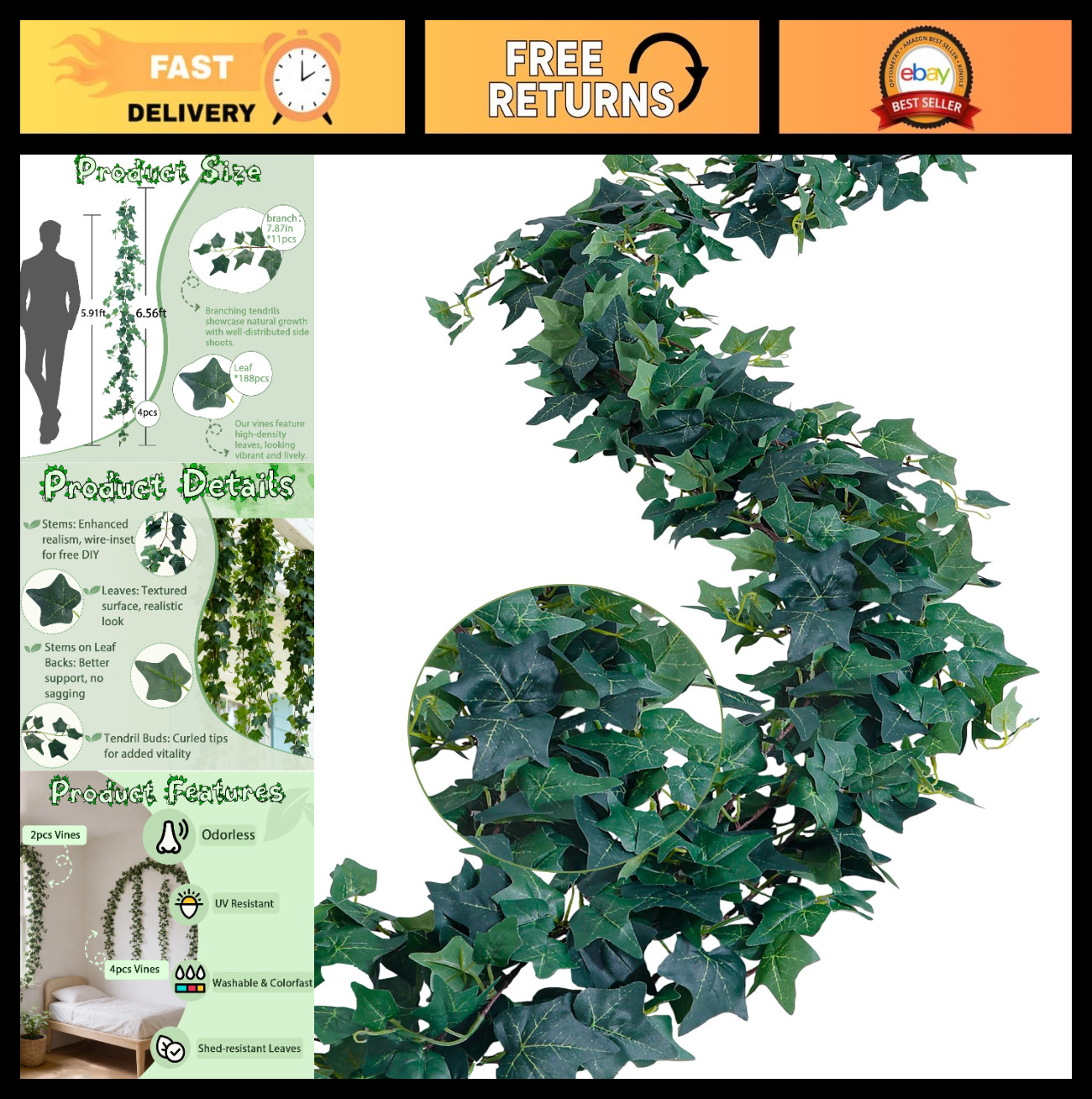 24FT Artificial Ivy Vines – 4 Pack Silk Greenery for Wall & Ceiling Decor, Weddi