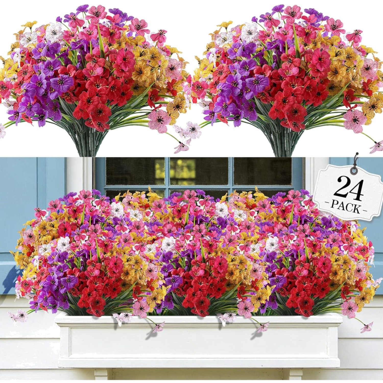 24 Bundles Artificial Flowers for Outdoor,Fake Flowers No Fade Plastic Faux P…