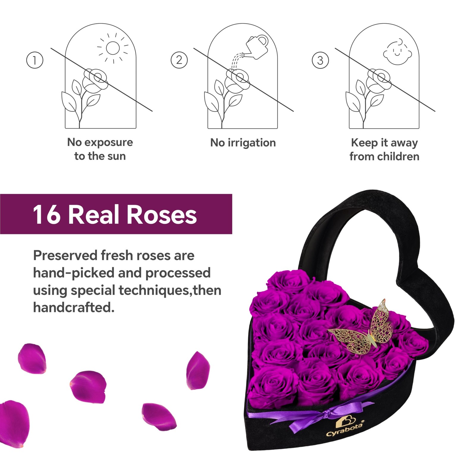 Cyrabota 16 Preserved Real Roses in Heart Shape Box, Forever Flowers Gift for…