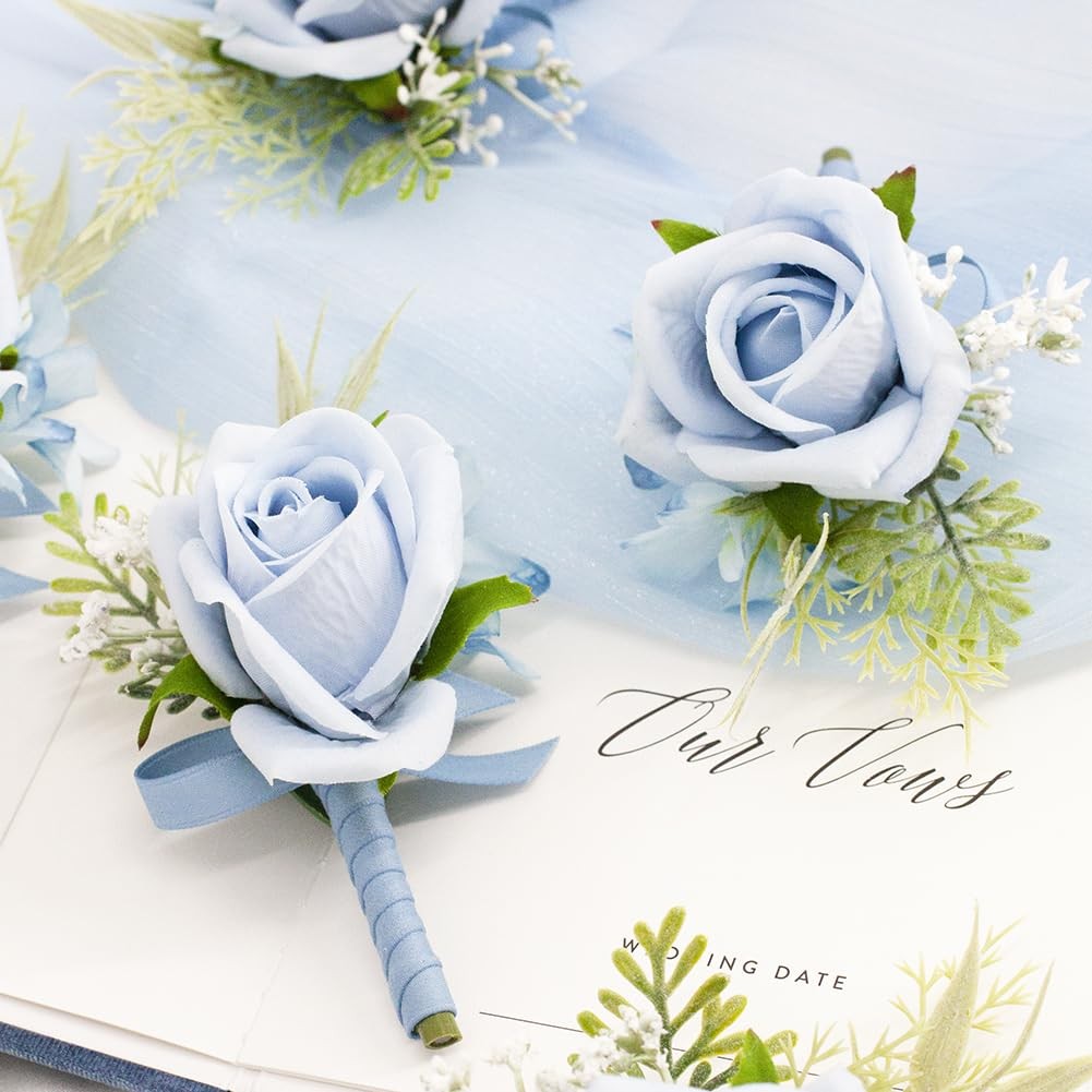 Light Blue Corsage and Boutonniere Set for Wedding Prom, Artificial Rose Baby…