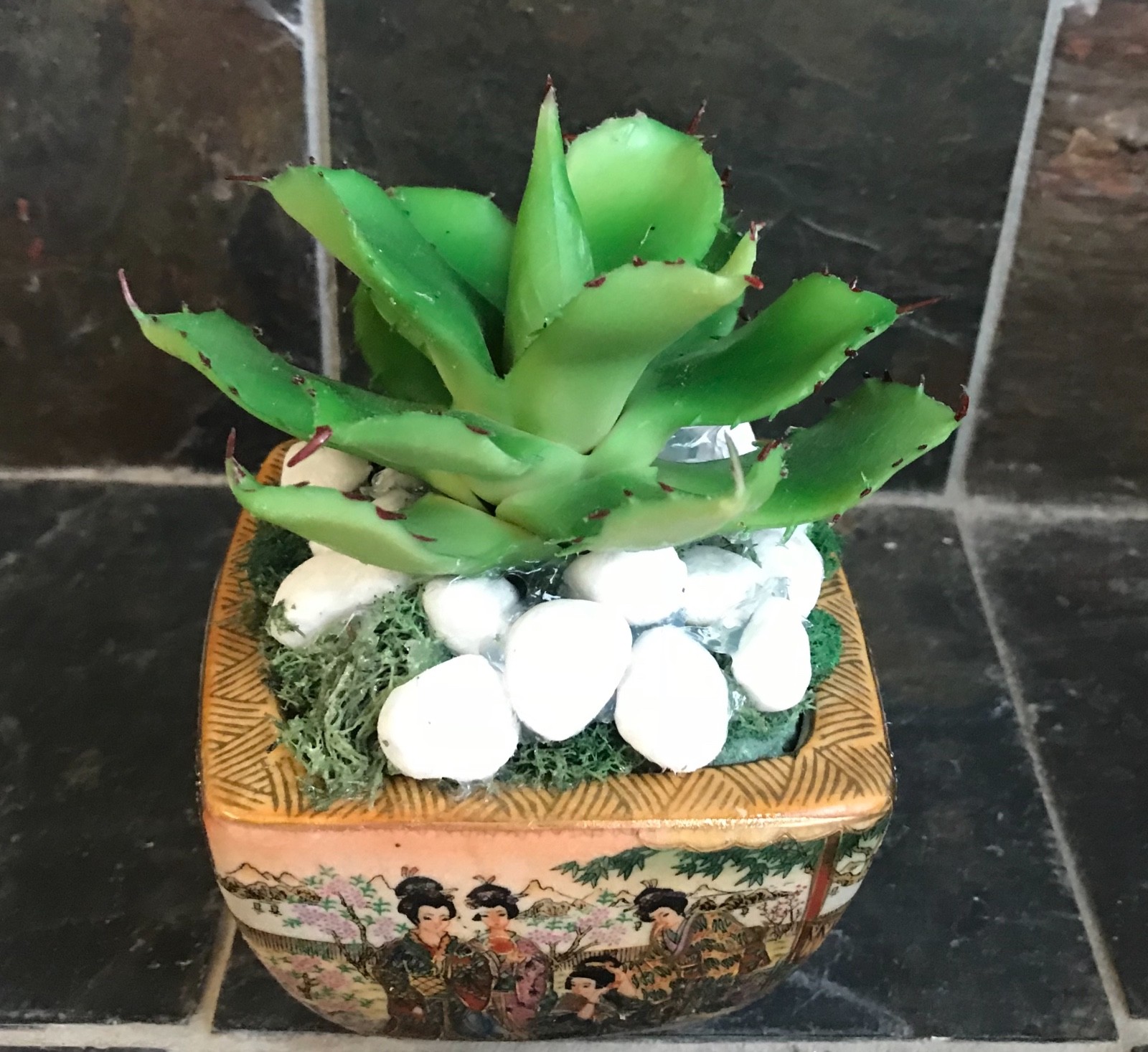 Artificial Green Grass Succulent Planter in a Satsuma Bowl with Geishas