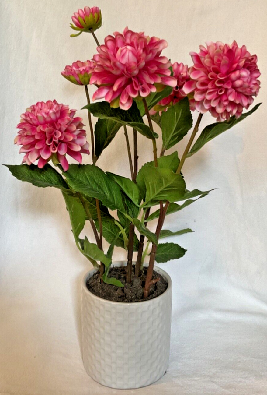 FLORAL ARRANGEMENT PINK FLOWERS WHITE CERAMIC POT 16.5 INCHES TALL NEW