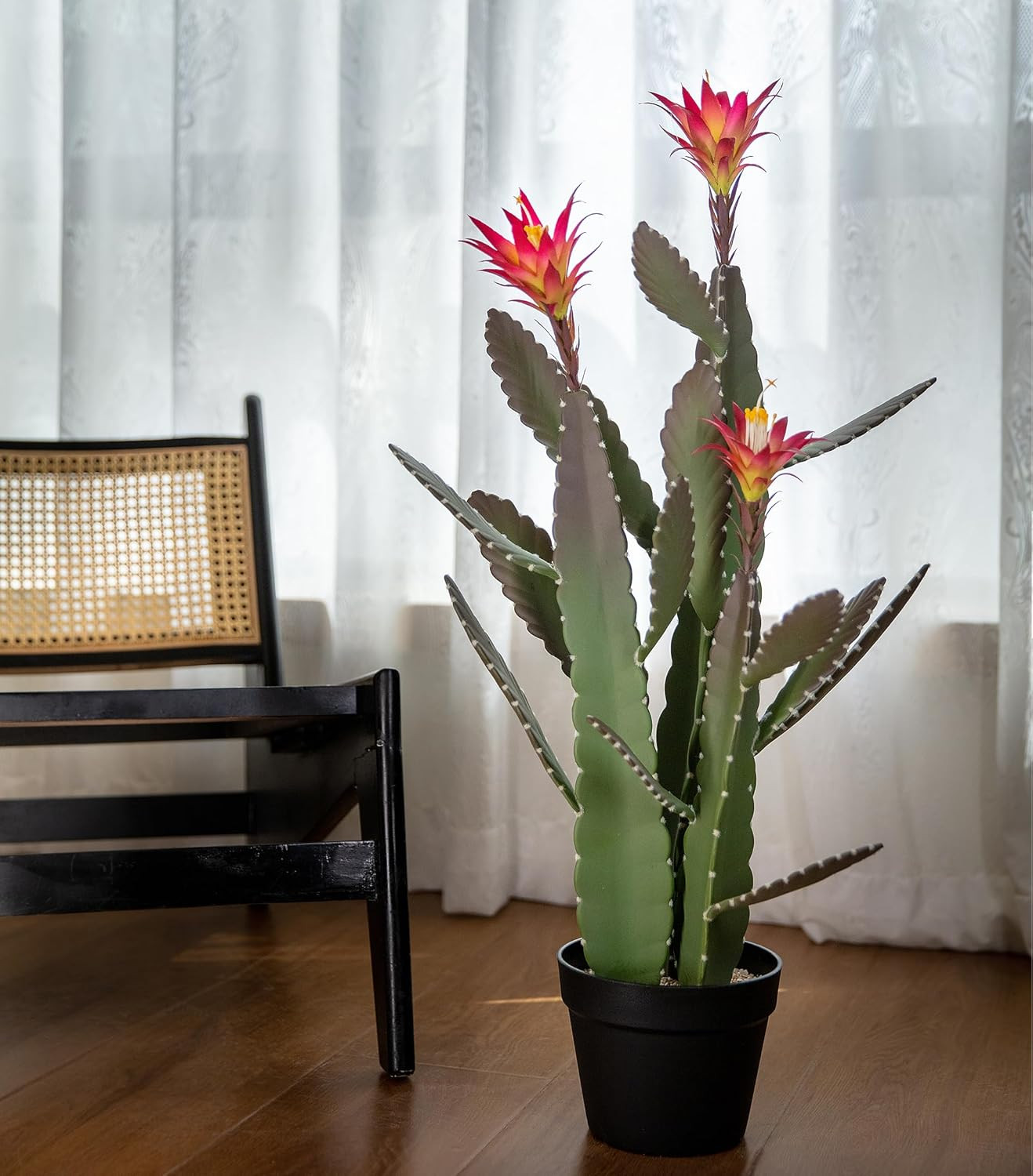 Large 33″ Faux Cactus with Magenta Flowers – Realistic Indoor/Outdoor Decor