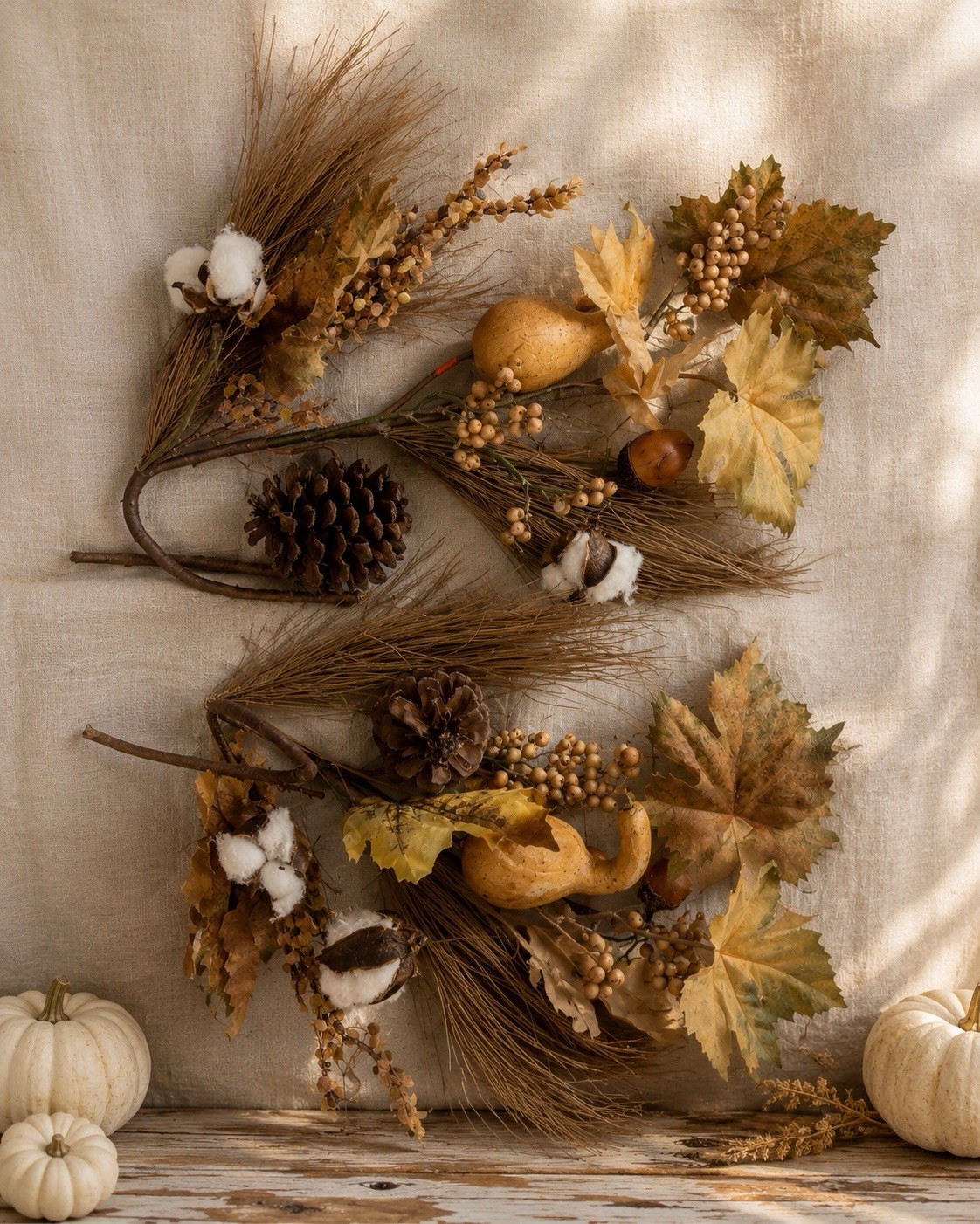 Pair Rustic Fall Harvest Swags Cotton Pinecone Gourd Wall Decor