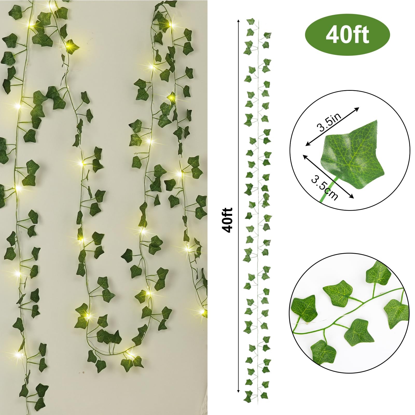 Vines with Lights, 40ft Fake Ivy 120 Ivy String Lights, Fake Vines Garland wi…