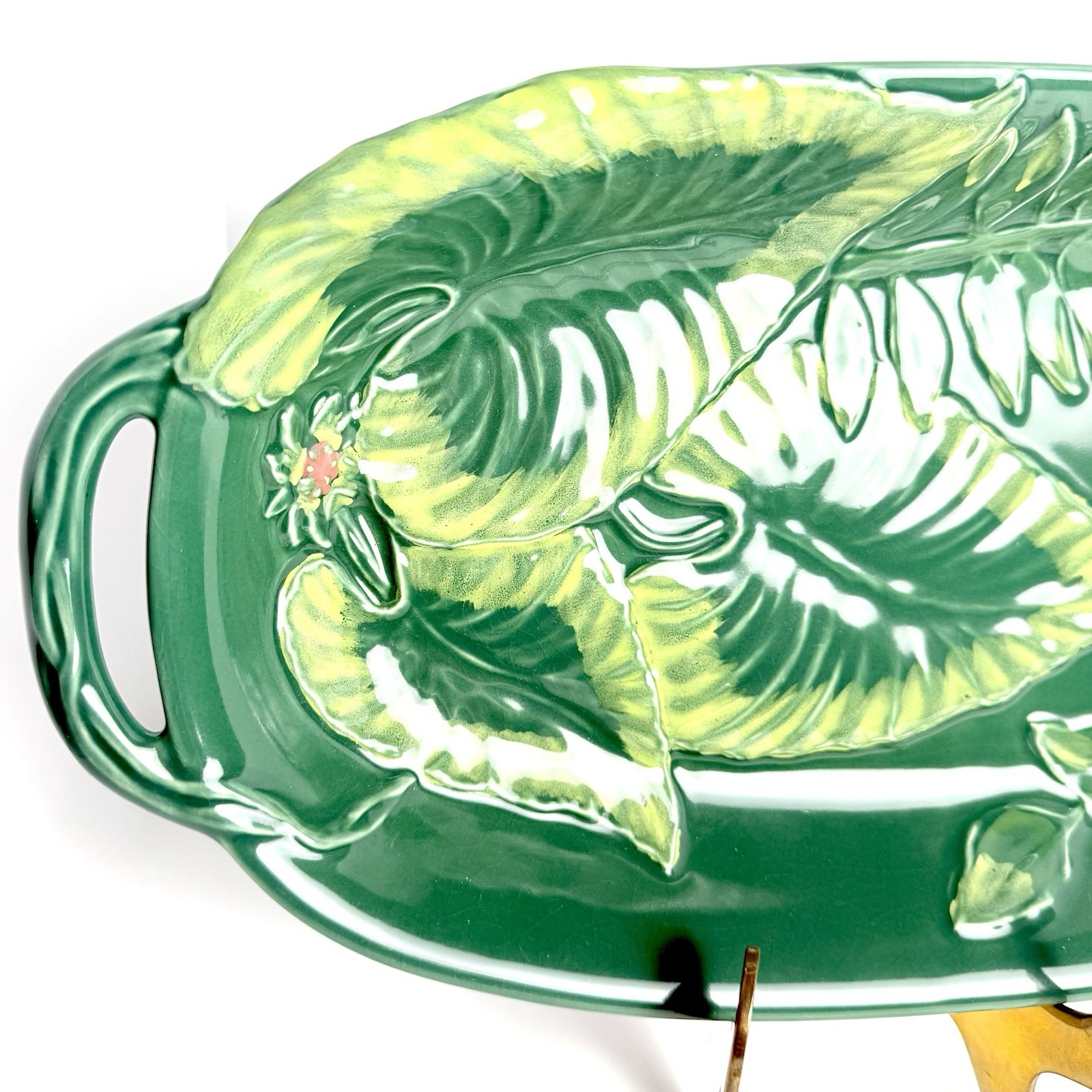 Opalhouse MAIOLICA STONEWARE GREEN LEAF FLORAL Decorative Tray 18″X9″ Handles
