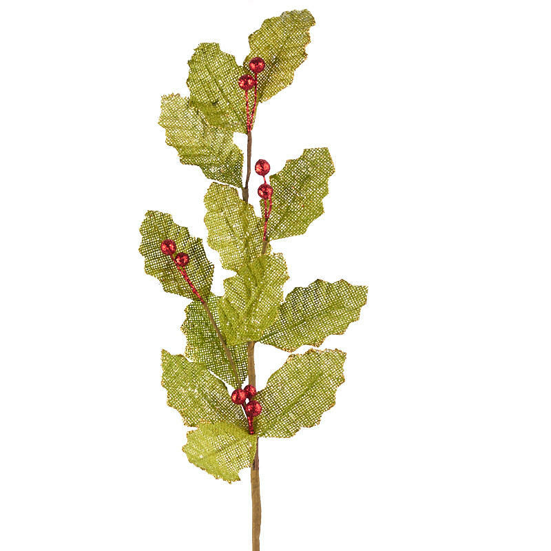 Green Burlap Holly Leaf Sprays with Red Glitter Berries | 2 Sprays | for In
