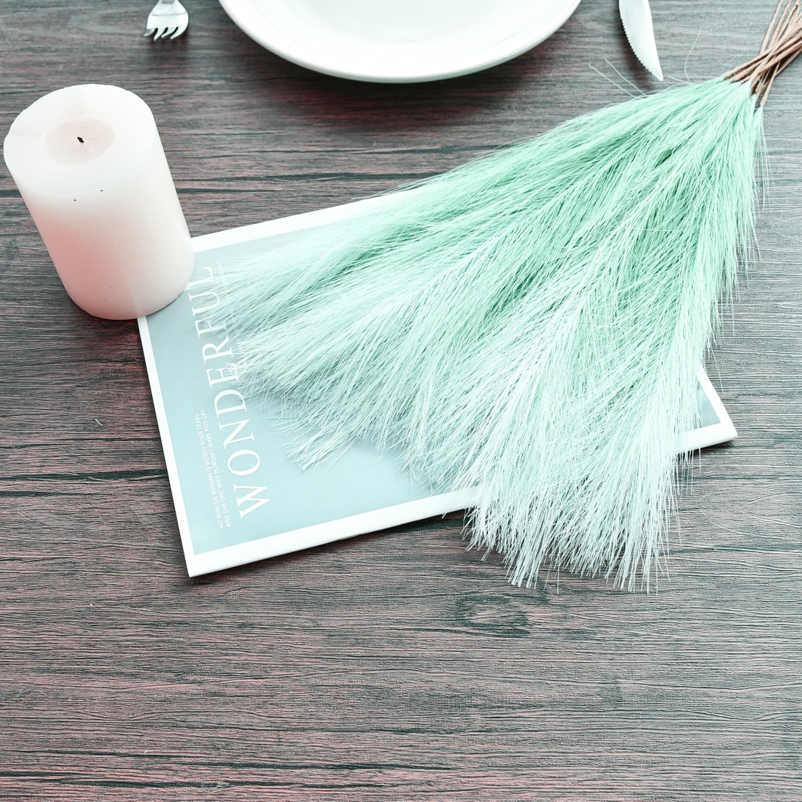 Gradient Green Silk Pampas Grass Bouquet 20 Stems 17.7in Fluffy Artificial Pa…