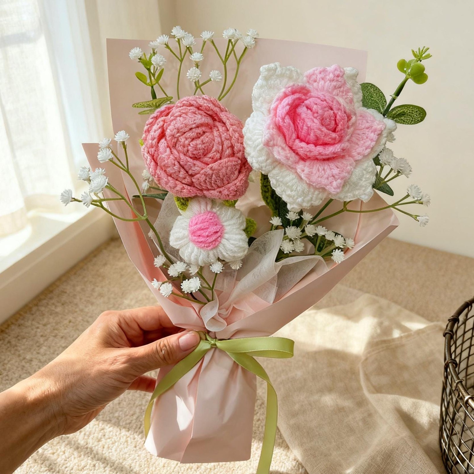 Crochet Carnation Rose Bouquet Handmade Mother’s Day Mom Keepsake Flowers Gift